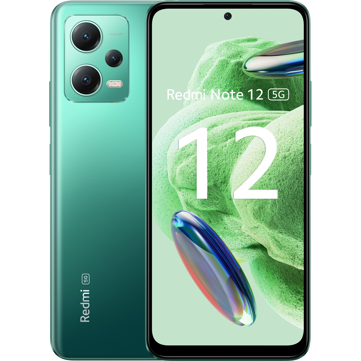 Zielony telefon Redmi Note 12 5G, widok z tyłu i przodu z ekranem i aparatami.