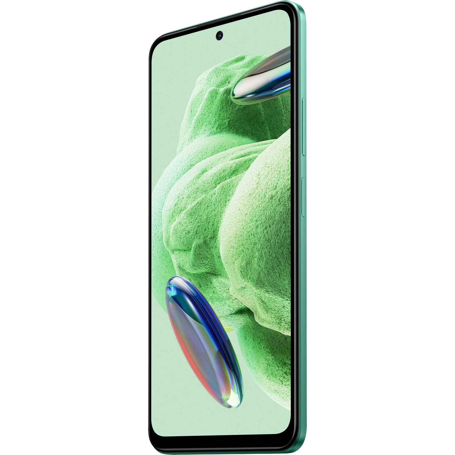 Smartfon z zieloną ramką. W tle znajdują się abstrakcyjne niebieskie i zielone kształty.