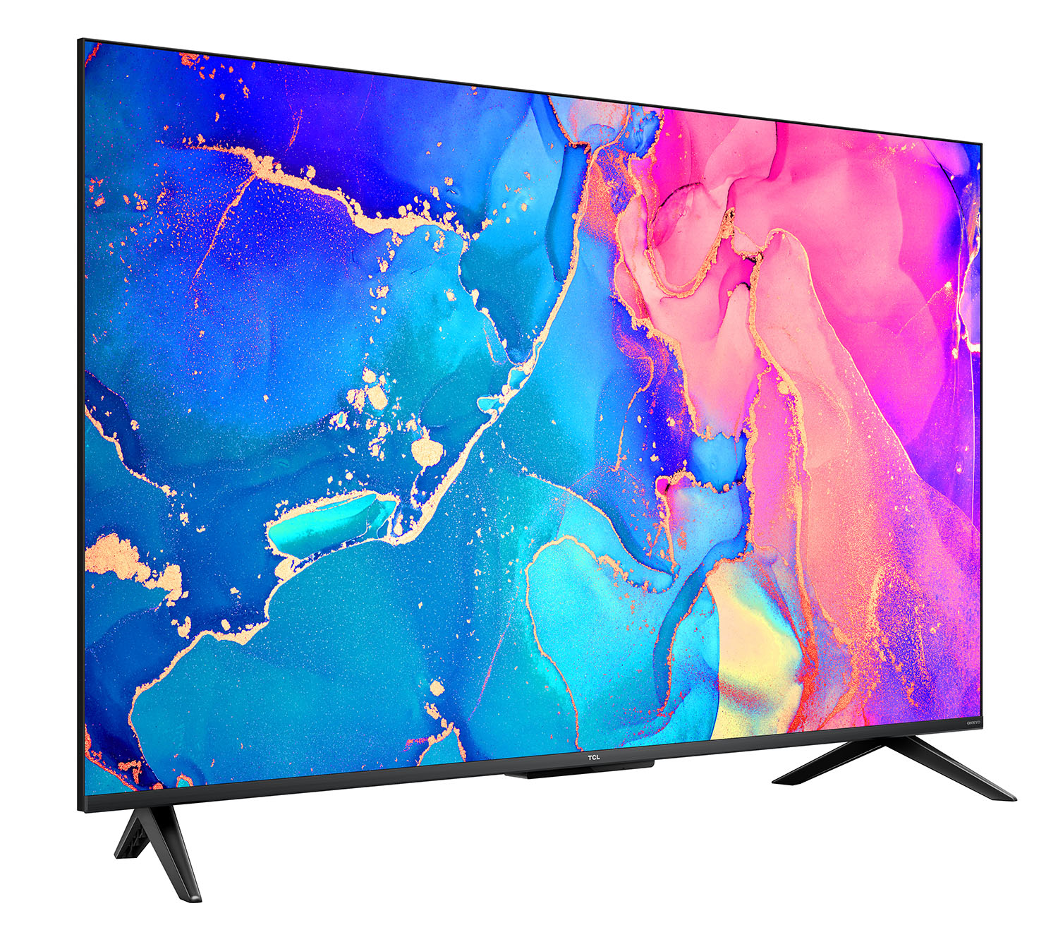 Televisor de pantalla plana grande con visualización de arte abstracto colorido.