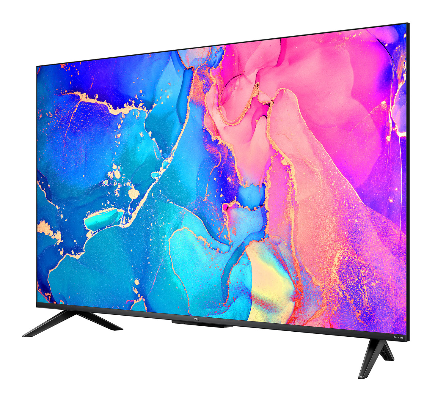 Un televisor TCL grande y moderno con una pantalla colorida. Tiene patas negras y un marco negro.