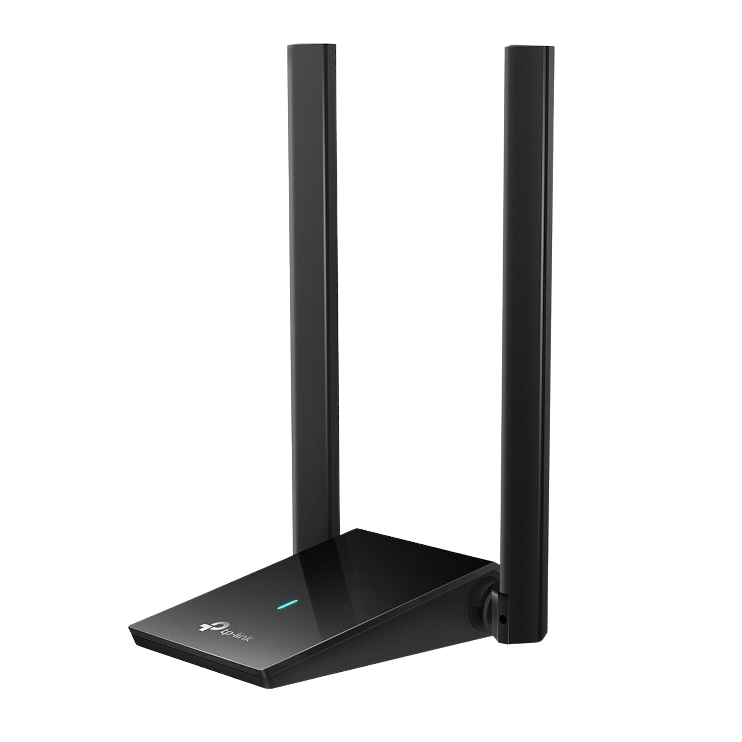 Czarny przedłużacz Wi-Fi TP-Link z antenami na czarnym tle.