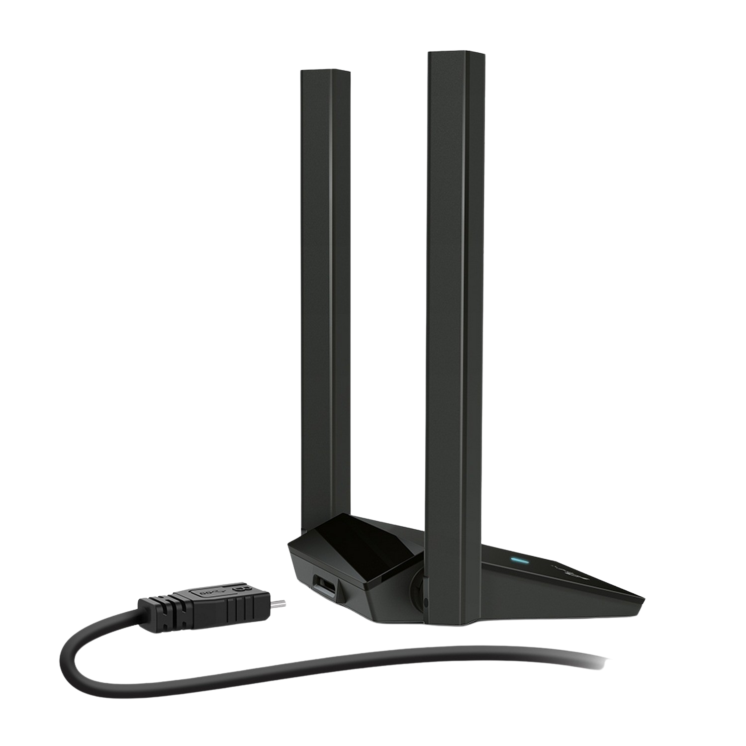 Czarny router z dwiema wysokimi antenami i podłączonym kablem, na ciemnym tle.