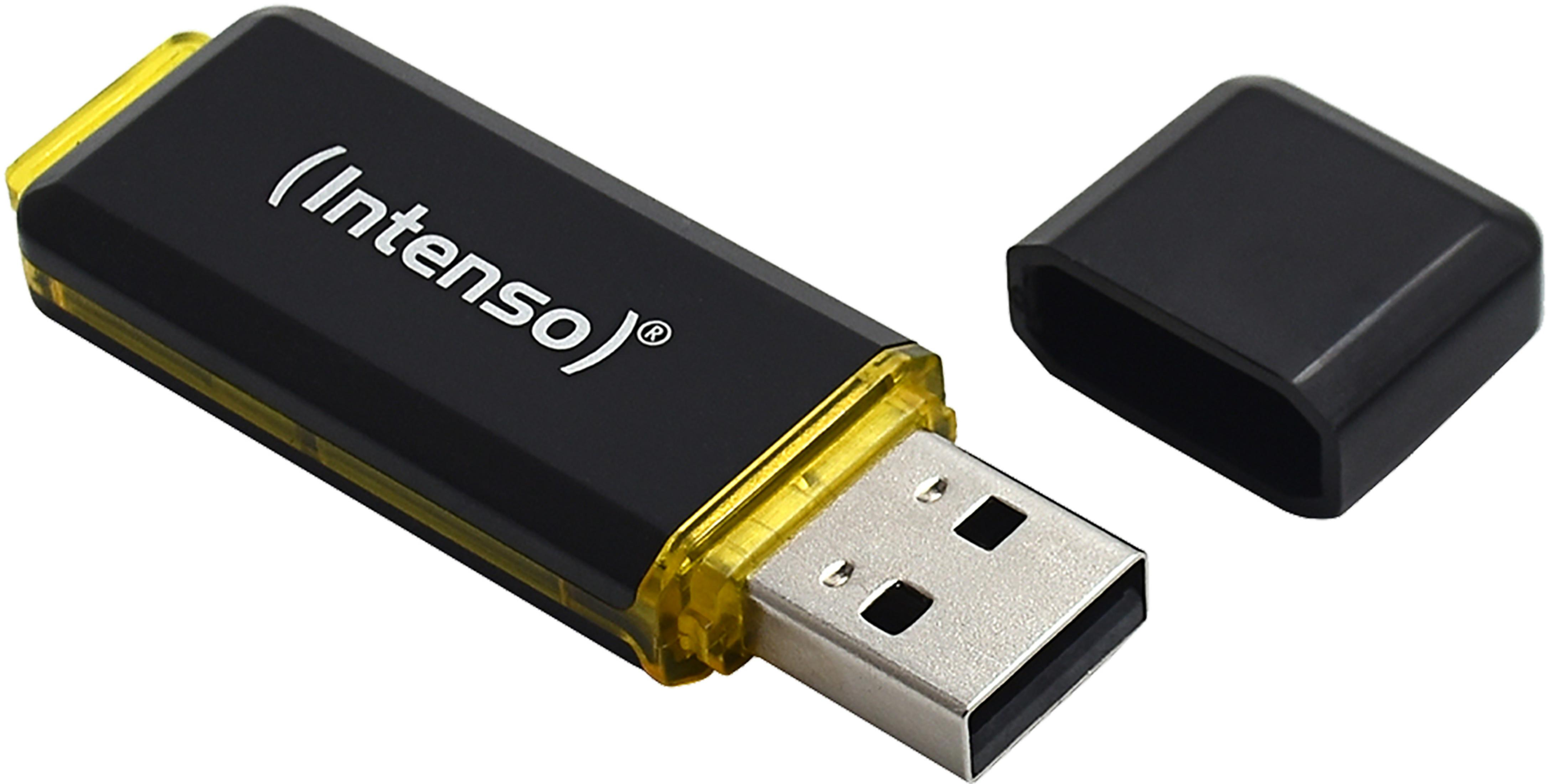 Zwarte en gele USB-stick. De dop is open en de merknaam "Intenso" is zichtbaar.