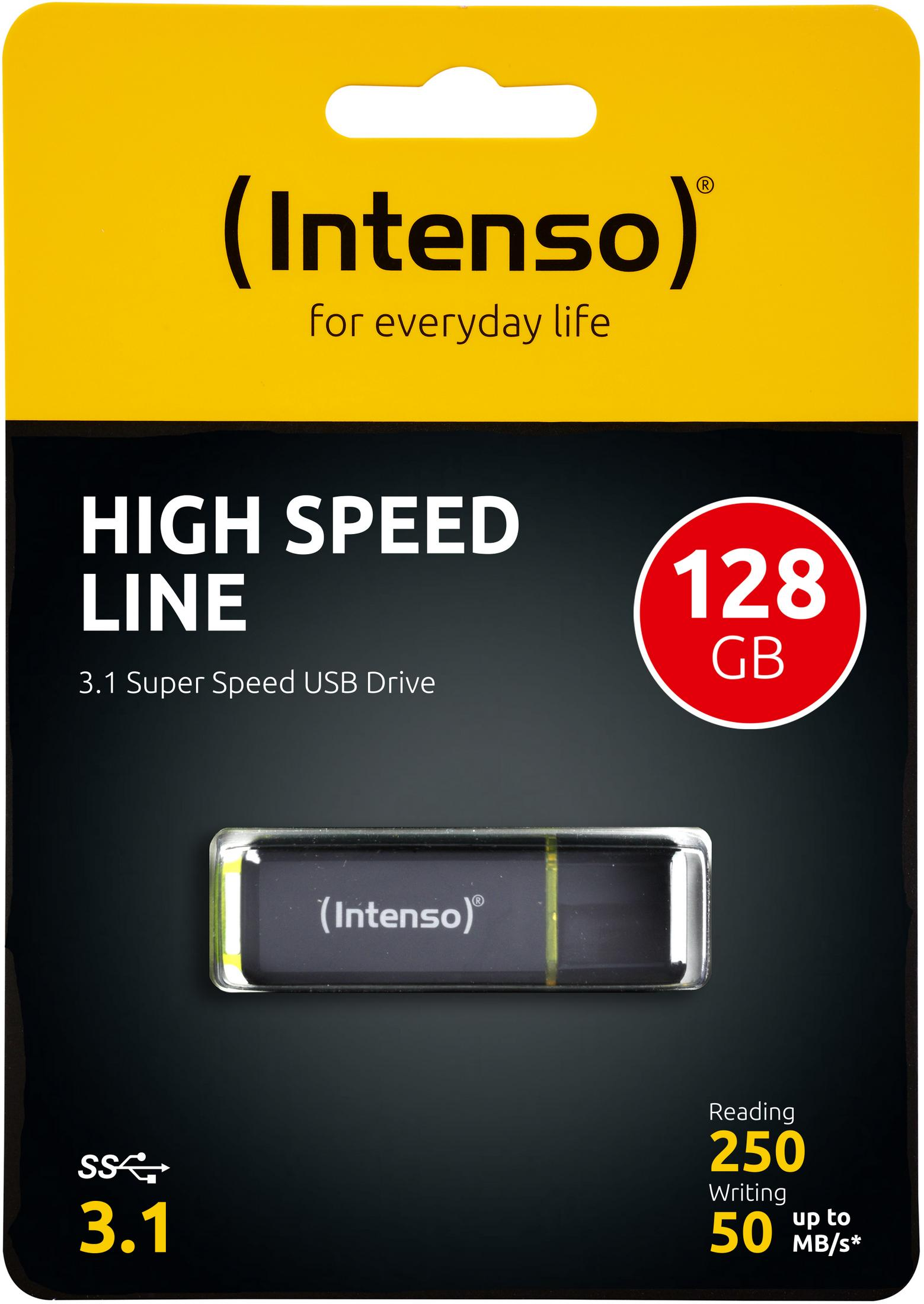 USB-stick verpakking. Zwart en zilver met het Intenso logo. Met de tekst 'HIGH SPEED LINE'.