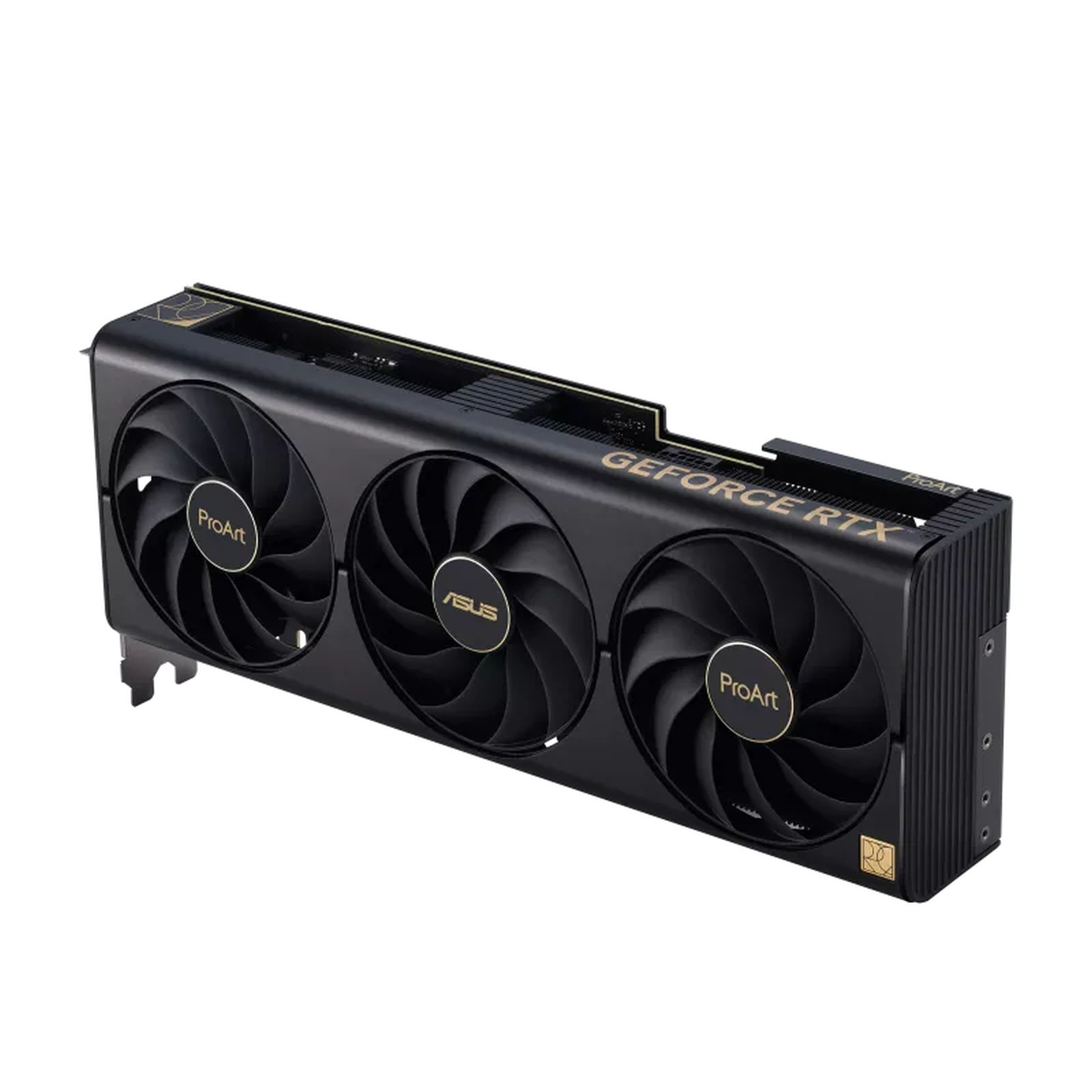Scheda grafica ASUS ProArt nera con tre ventole. Dettagli dorati e logo ASUS. Sfondo bianco.