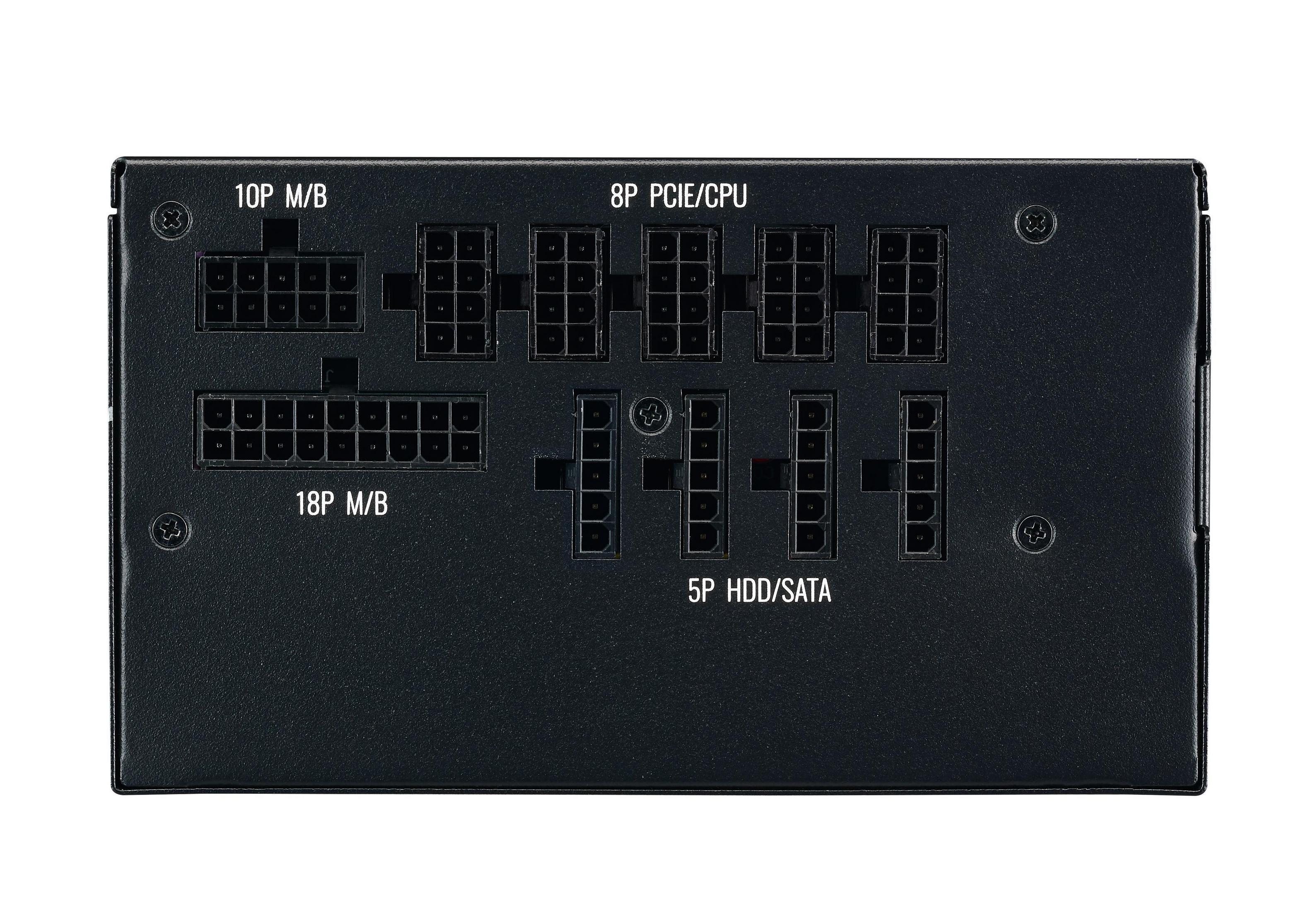 Schwarzes Netzteil mit verschiedenen Anschlüssen. Beschriftet mit Text: 10P M/B, 8P PCIE/CPU, 5P HDD/SATA, 18P M/B.
