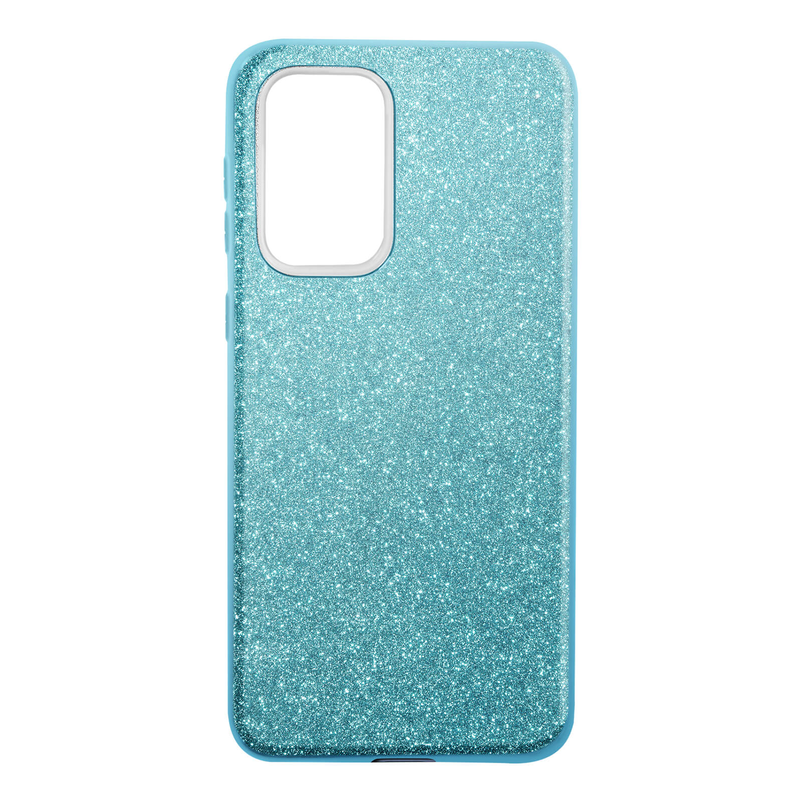 Coque de téléphone bleue avec paillettes, découpe caméra et boutons latéraux.