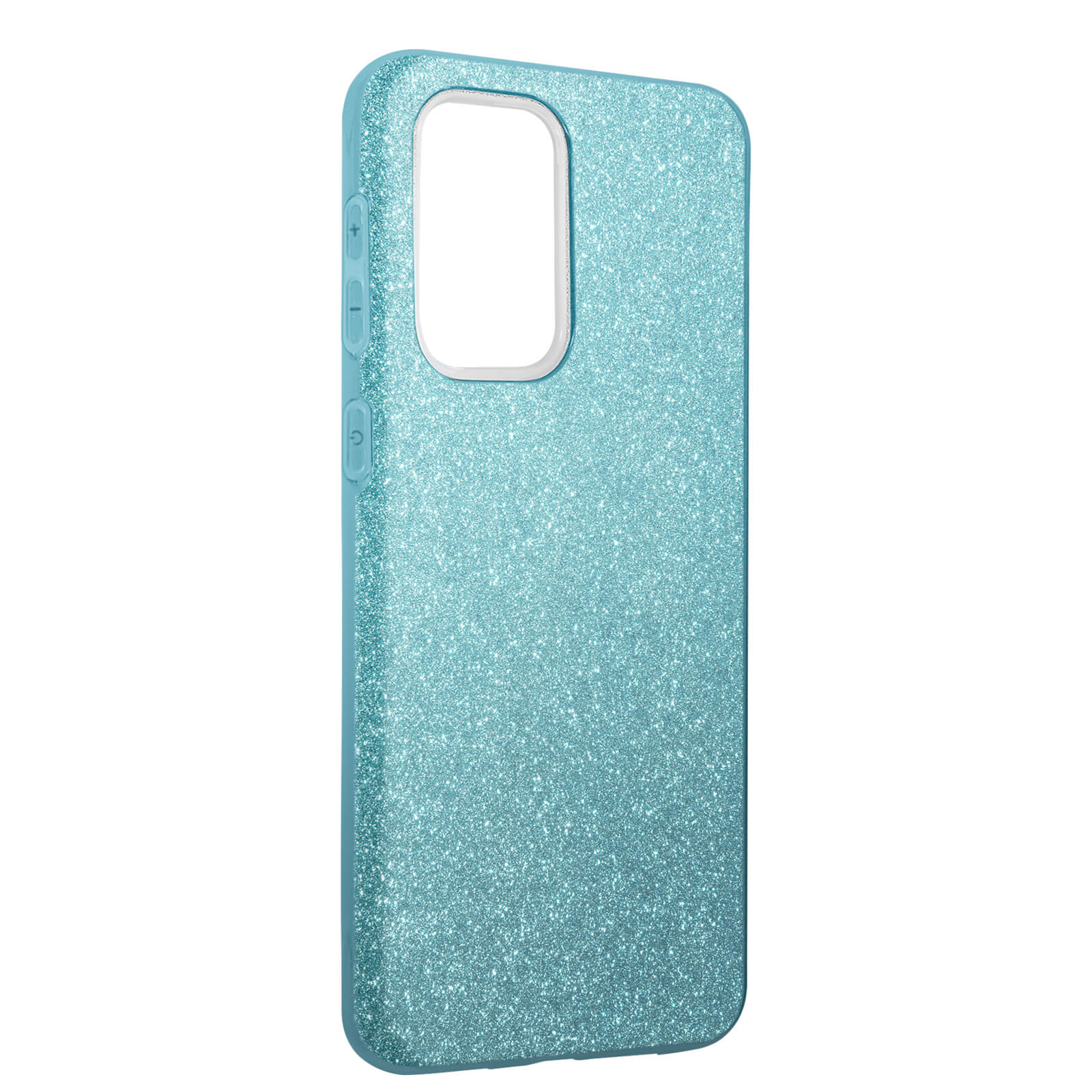 Coque de téléphone pailletée bleu clair, boutons latéraux, découpe caméra, fond blanc.