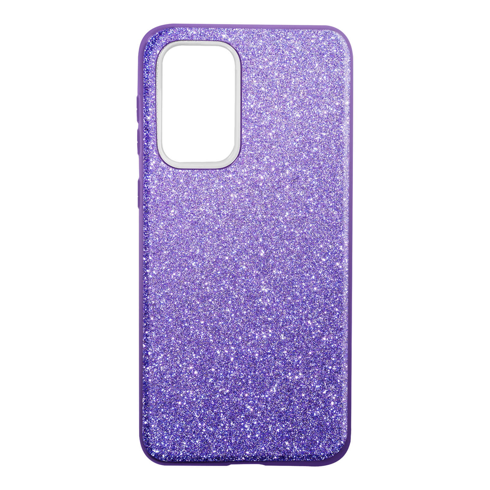 Een paarse glitter telefoonhoes. Een uitsparing voor de camera en knoppen zijn te zien.