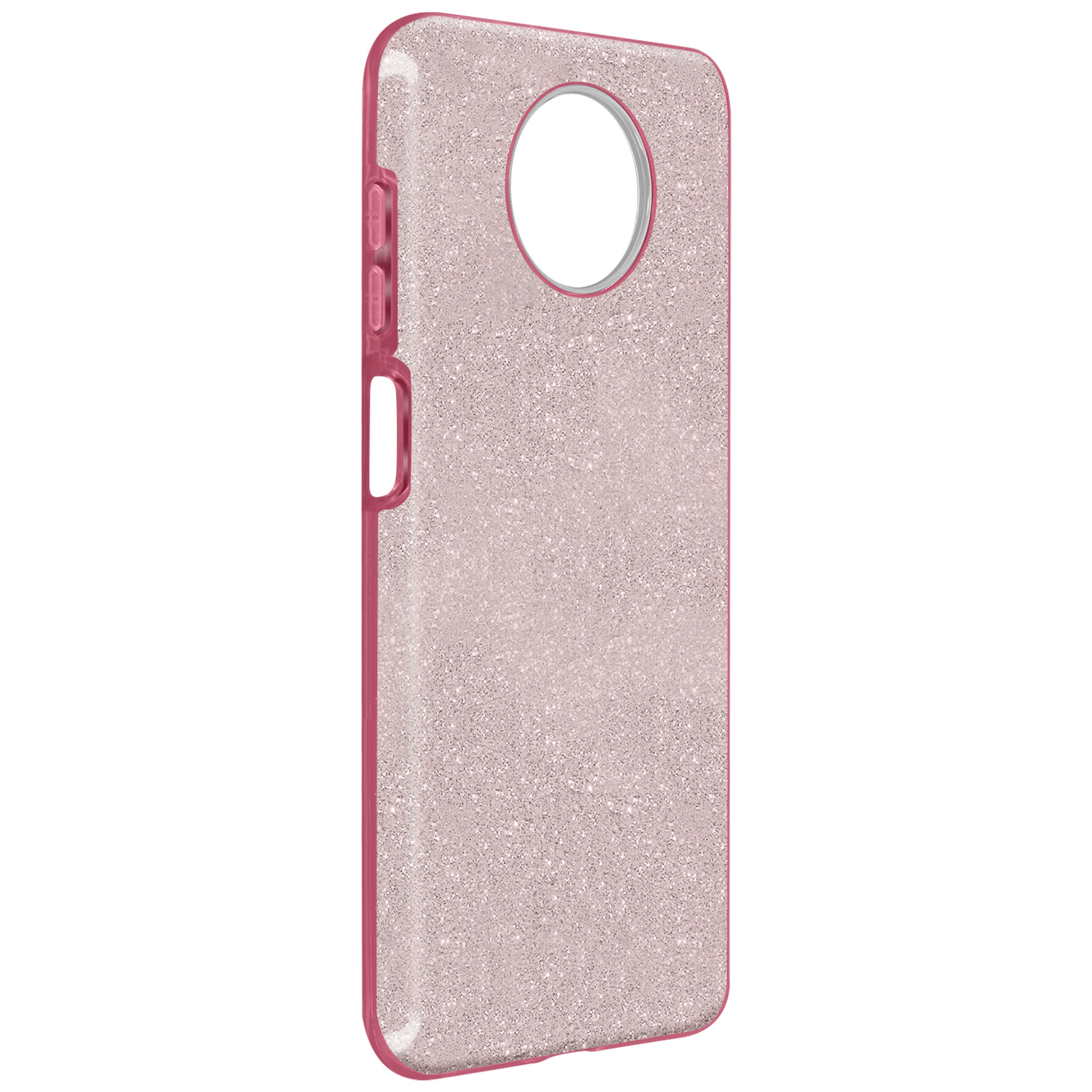 Een roze telefoonhoesje met een glittertextuur. Het heeft een ronde camera-opening.