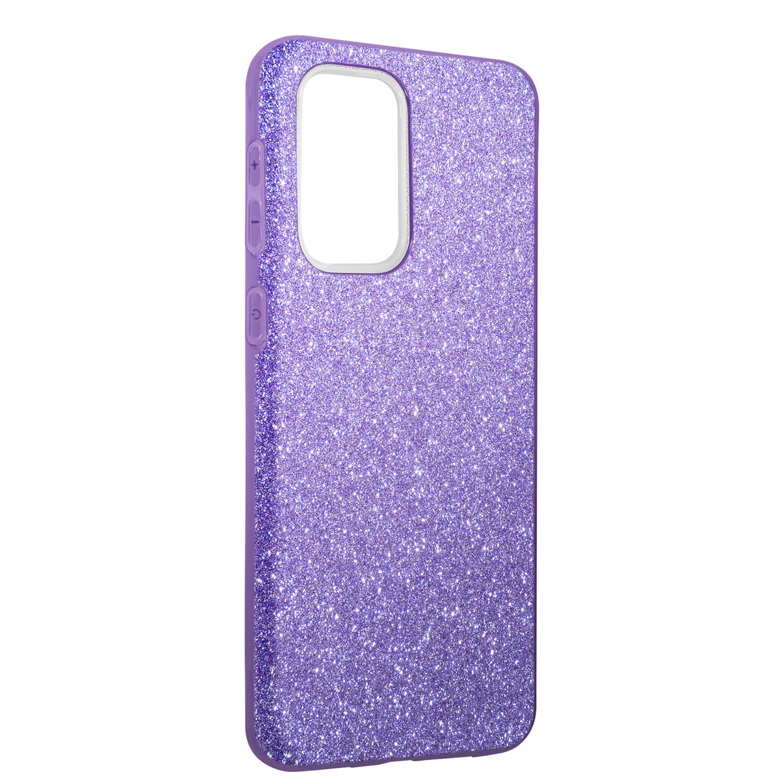 Paarse glitter telefoonhoes. Close-up weergave. De uitsparing voor de camera is zichtbaar.