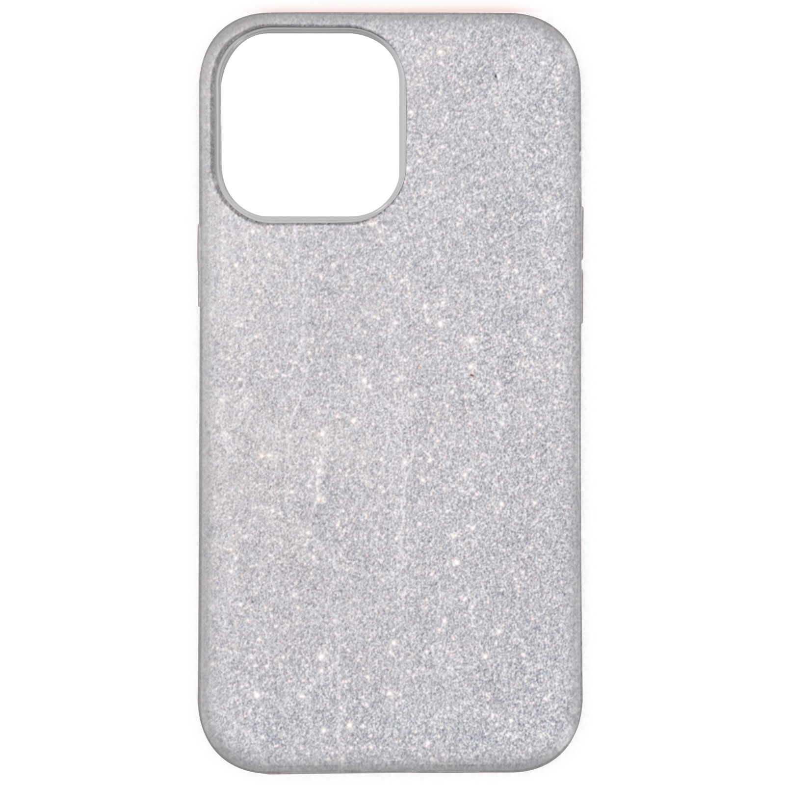 Custodia per telefono argentata glitterata con un ritaglio per la fotocamera. La custodia è per un telefono cellulare.