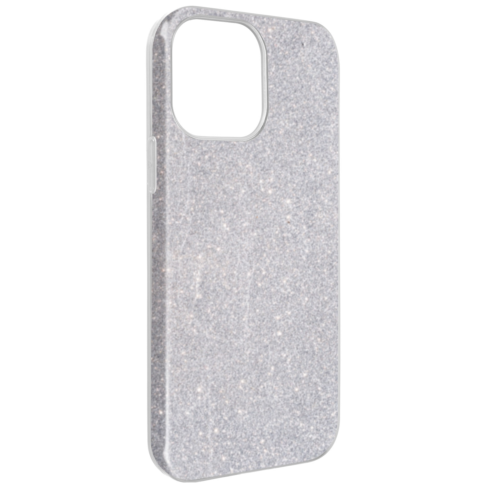 Custodia per telefono con glitter argentati. Una custodia con apertura per la fotocamera. Sfondo bianco.