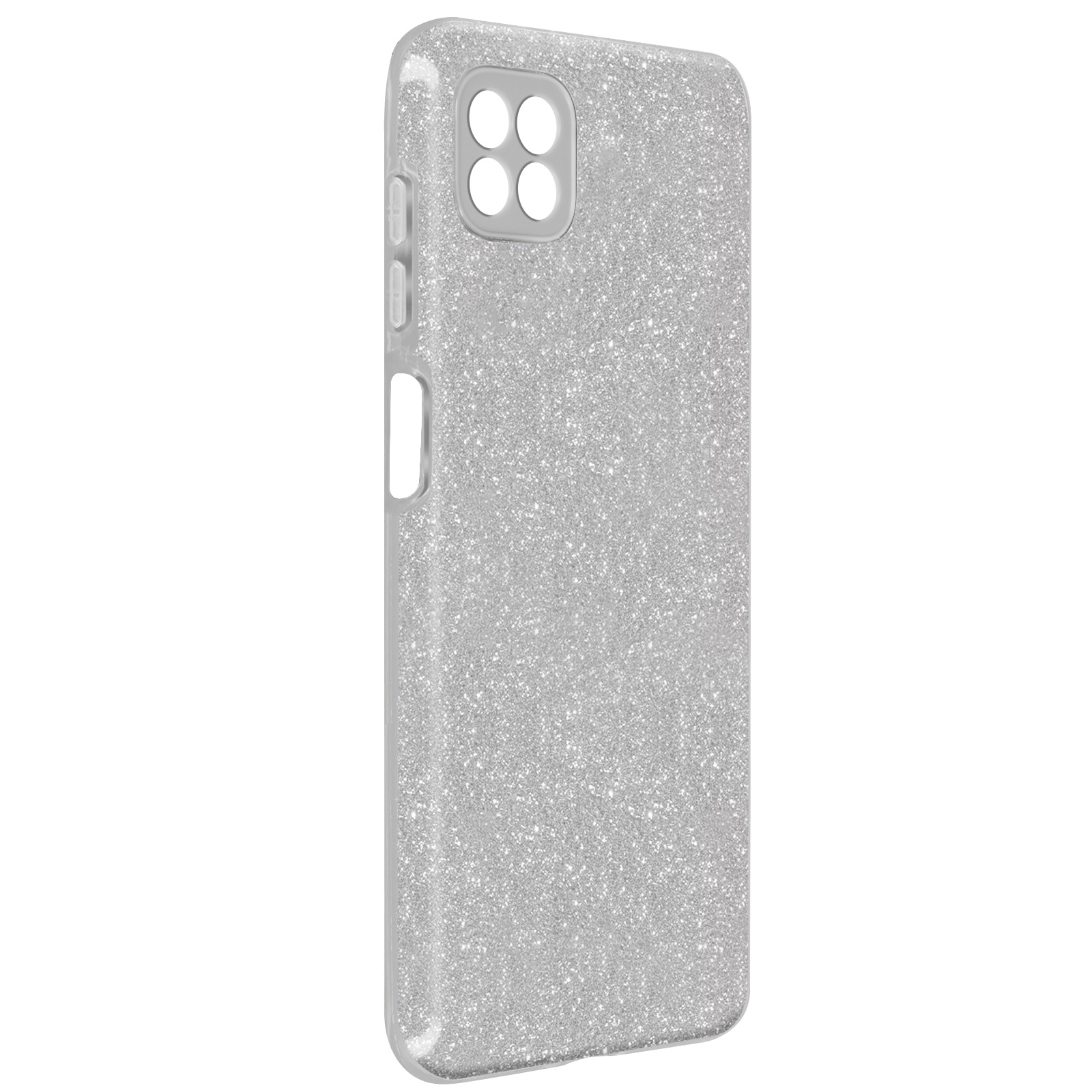 Una custodia per telefono argentata glitterata, con fori per fotocamera e pulsanti.