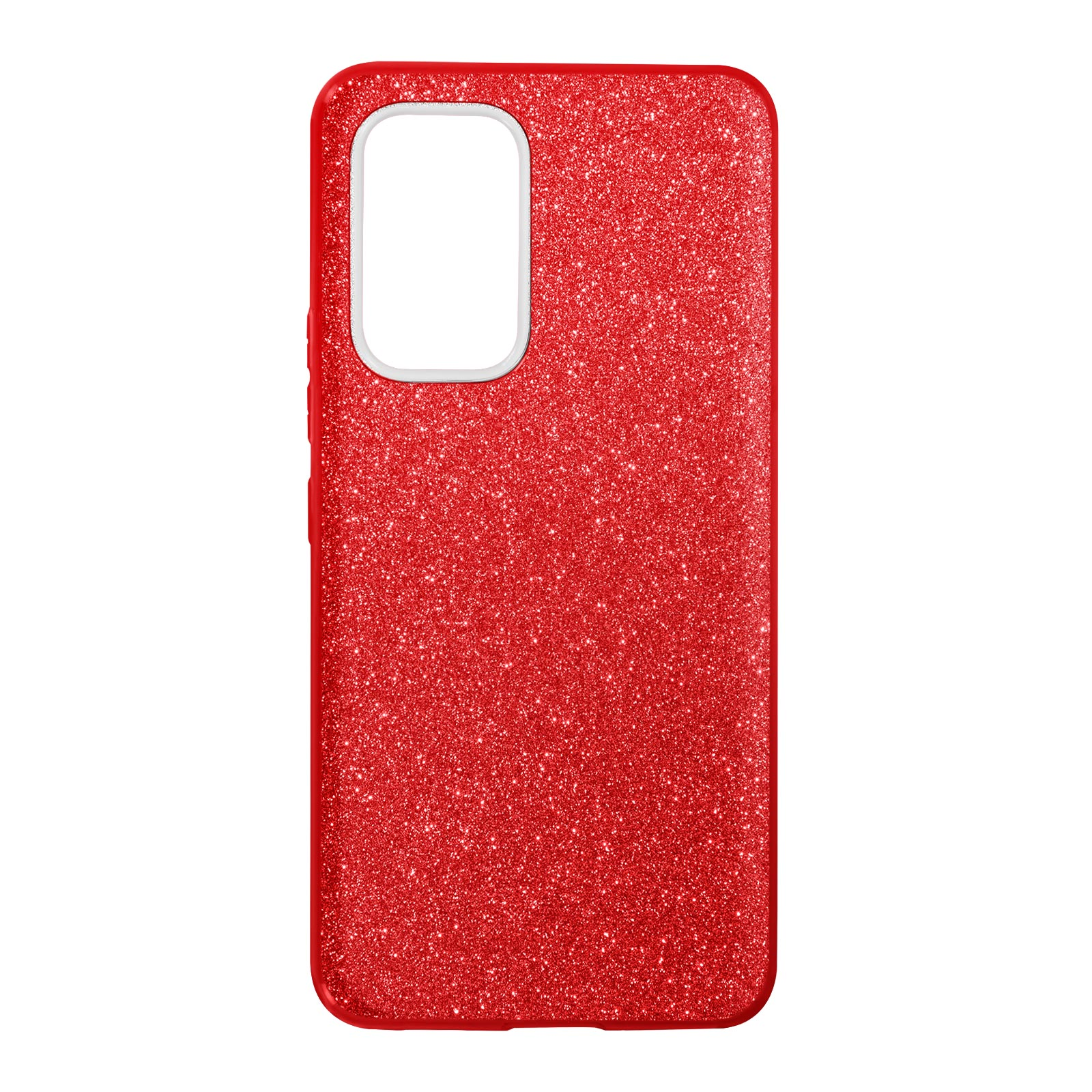 Une coque de téléphone rouge pailletée avec une découpe de caméra ouverte.