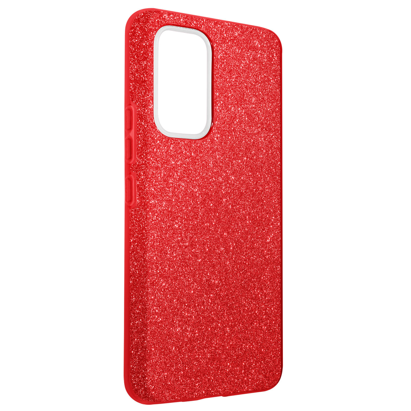 Coque de téléphone rouge pailletée avec découpe caméra blanche, sur fond blanc.