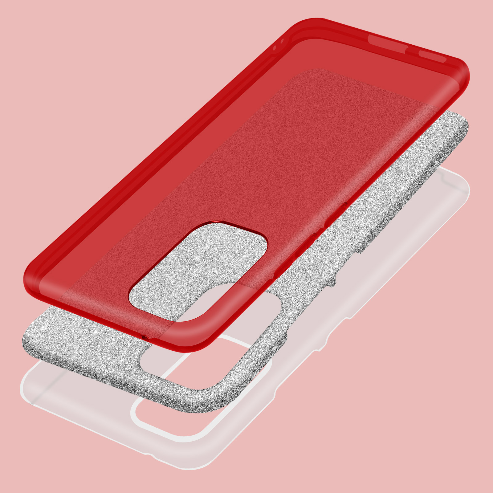 Trois couches de coque: rouge extérieur, paillettes argent, intérieur transparent.