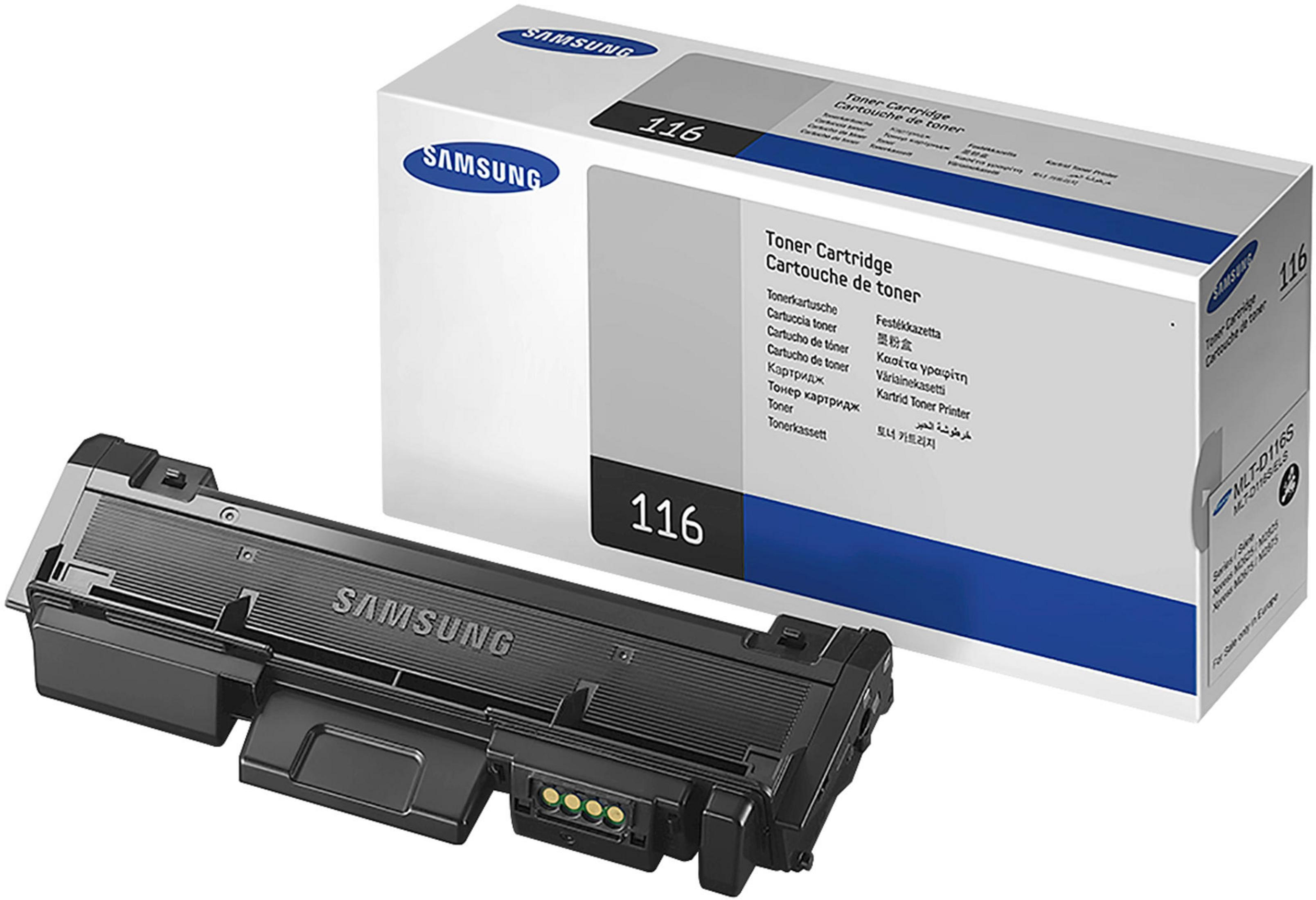 Scatola e cartuccia toner Samsung. La scatola ha marchio e testo. La cartuccia è nera.