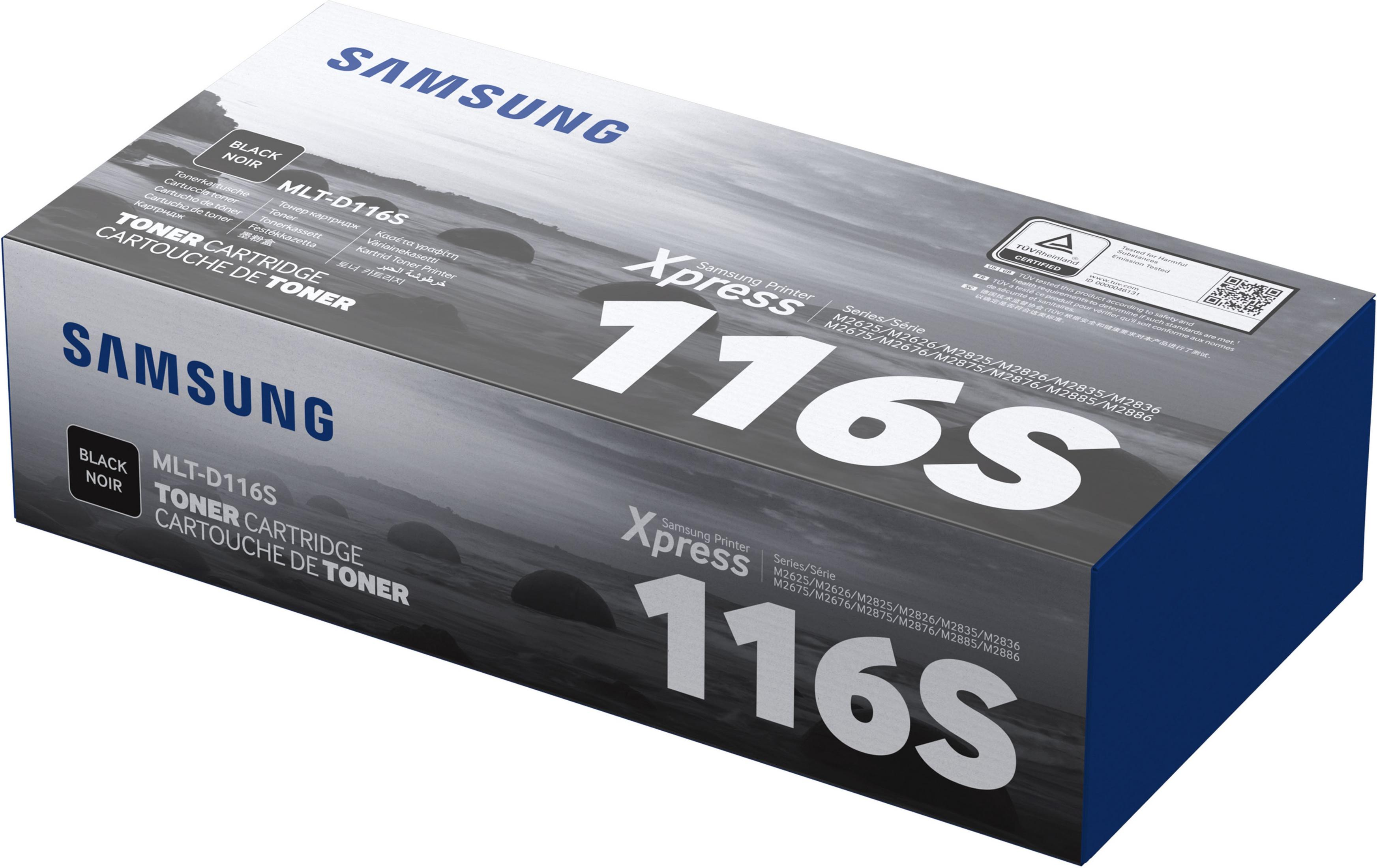 Una scatola di cartucce toner Samsung, con il testo "116S" e "BLACK NOIR" ben visibile.