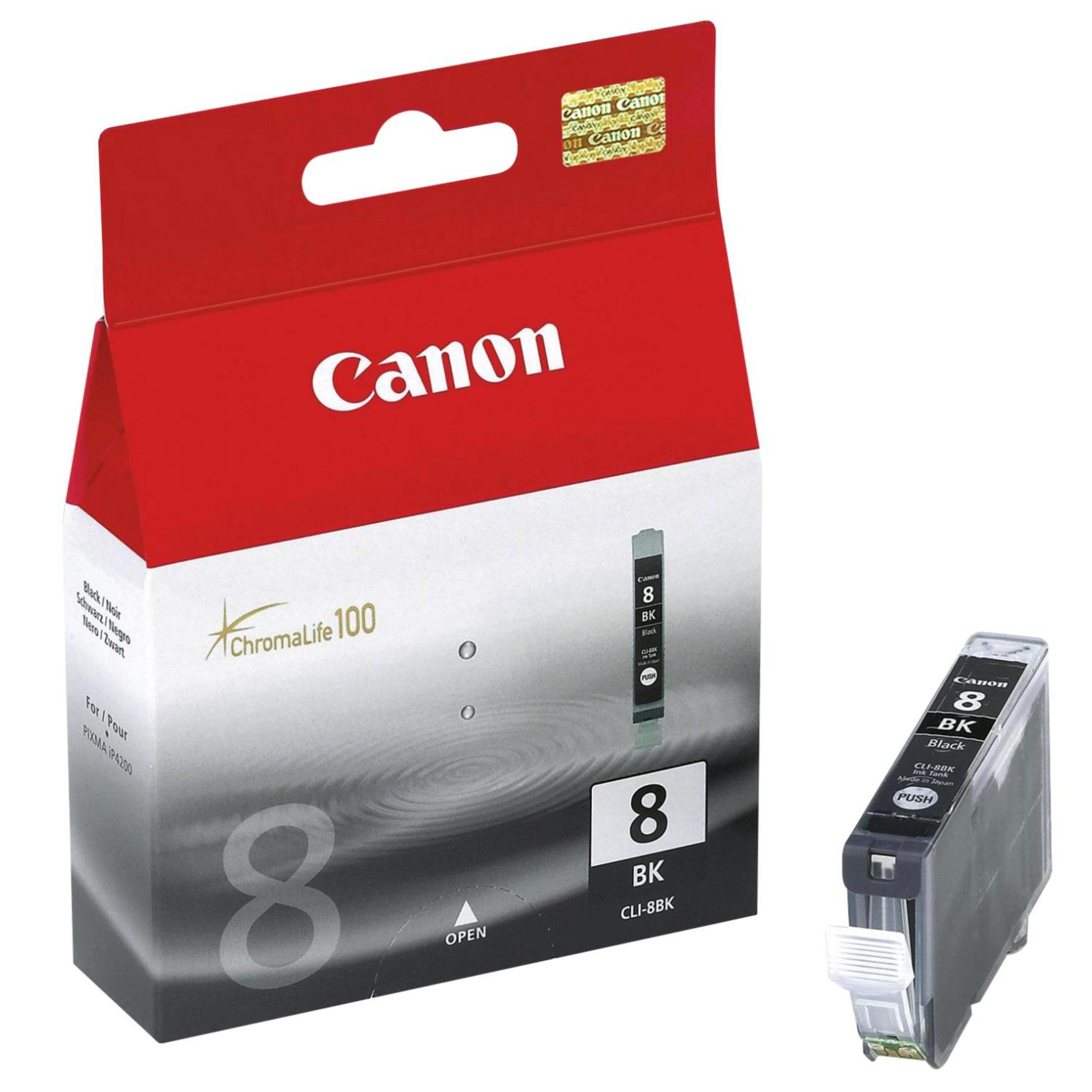 Canon printerinktbox en -cartridge met zwarte inkt. Doos toont de inkt en merkinformatie.