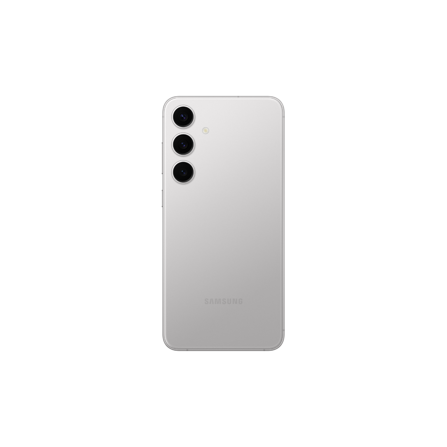 Srebrny tył telefonu Samsung, trzy kamery, logo Samsung, na czarnym tle.