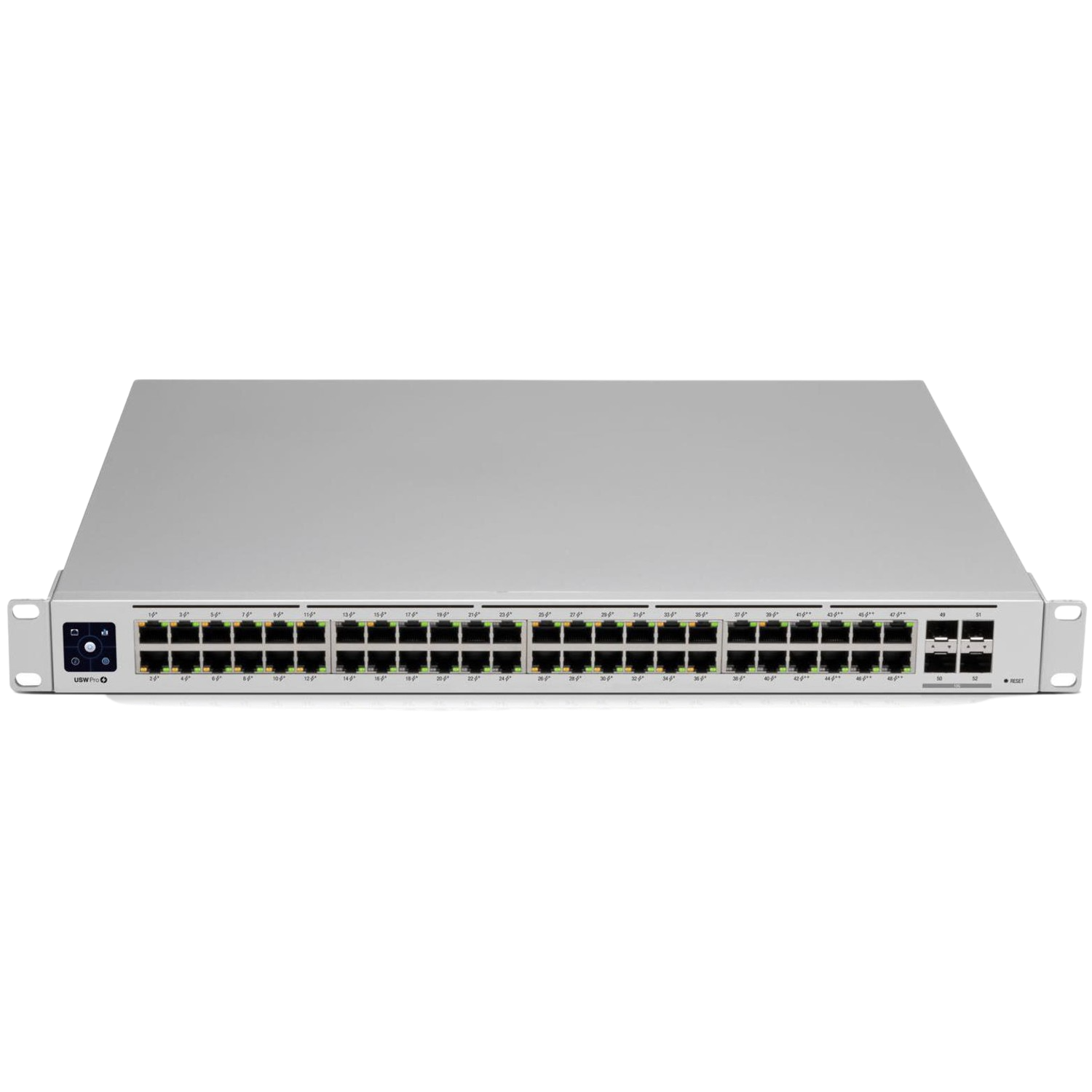 Montowany w szafie serwerowej przełącznik sieciowy Ubiquiti z licznymi portami i światłami.