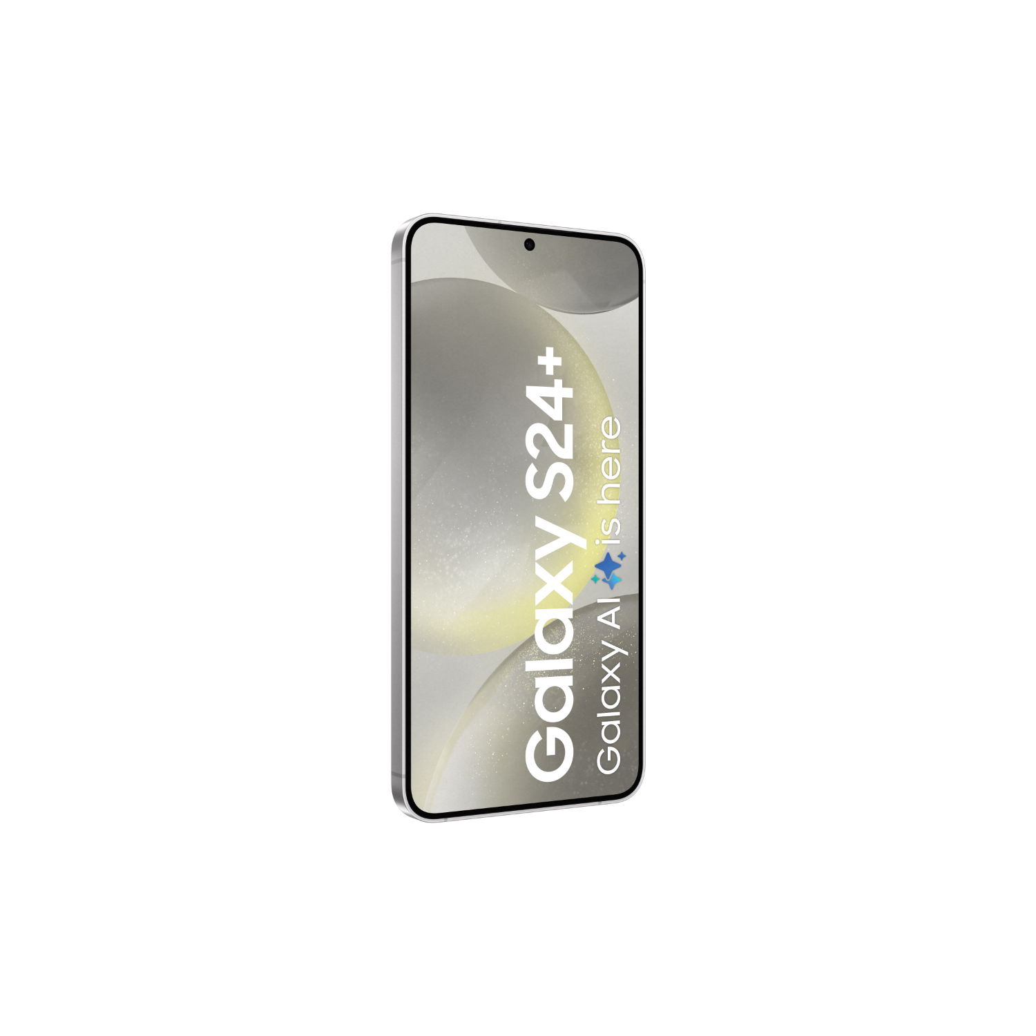 Srebrny telefon Samsung Galaxy S24+ na czarnym tle, z nakładką tekstową.