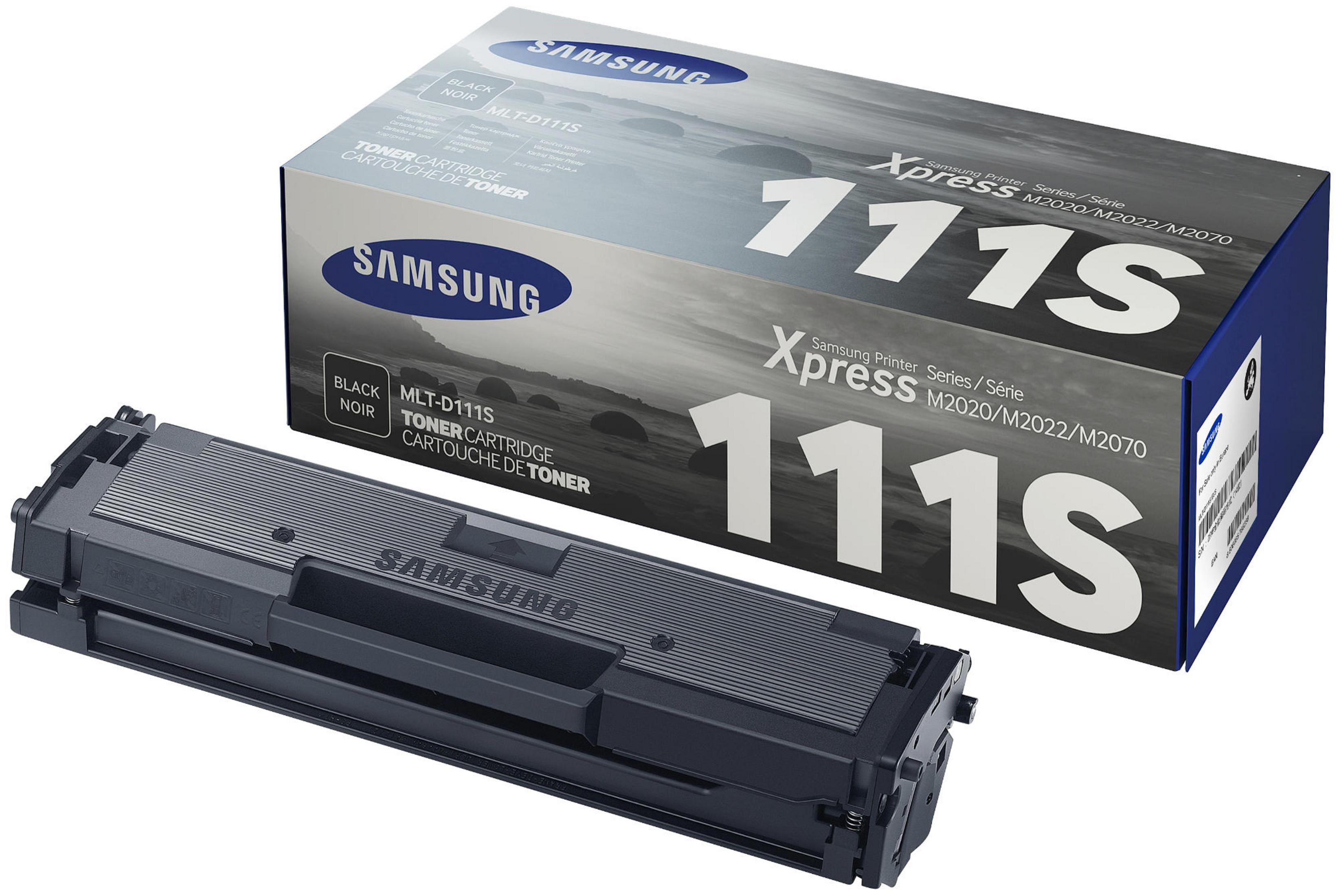 Pudełko i wkład z tonerem Samsung na białym tle. Czarny toner.