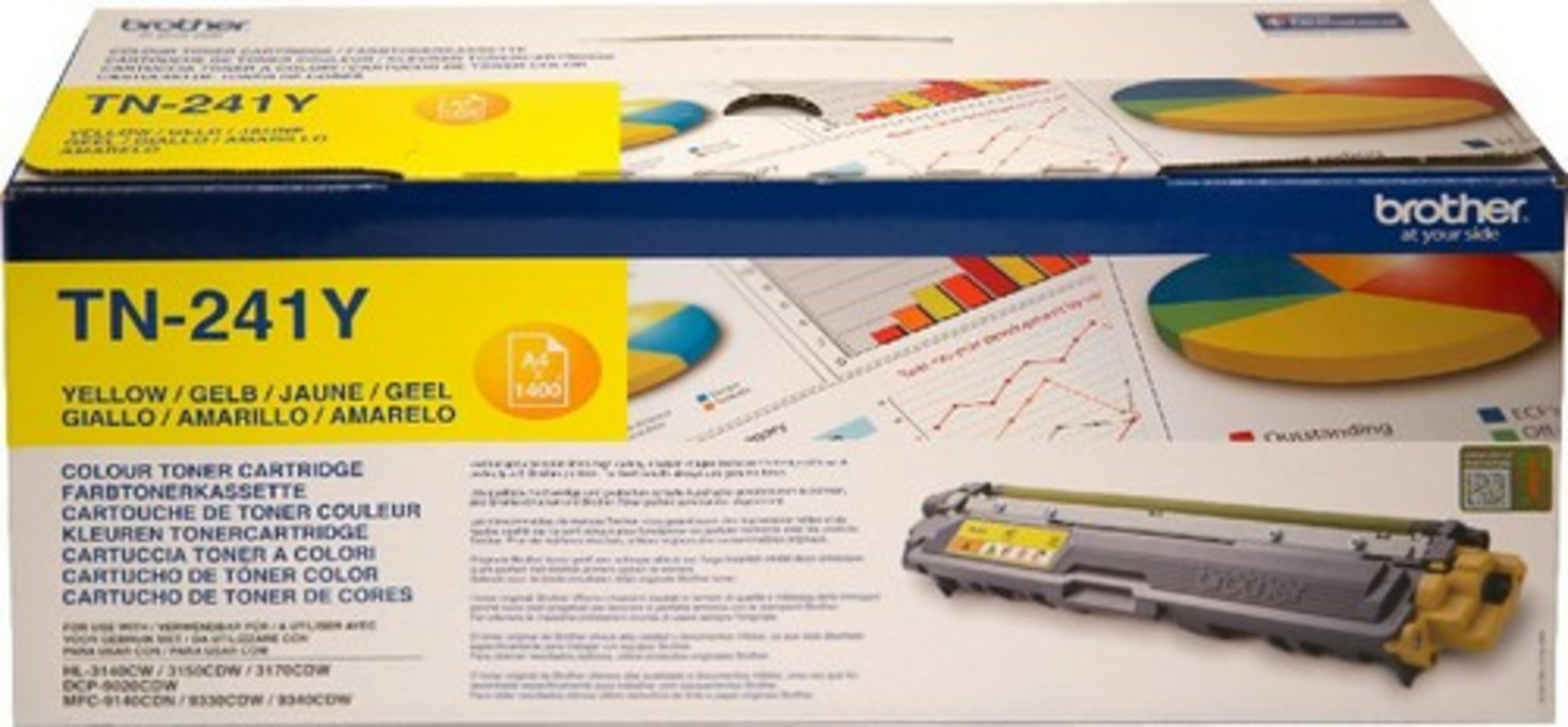 Żółty toner Brother TN-241Y w pudełku z diagramami.