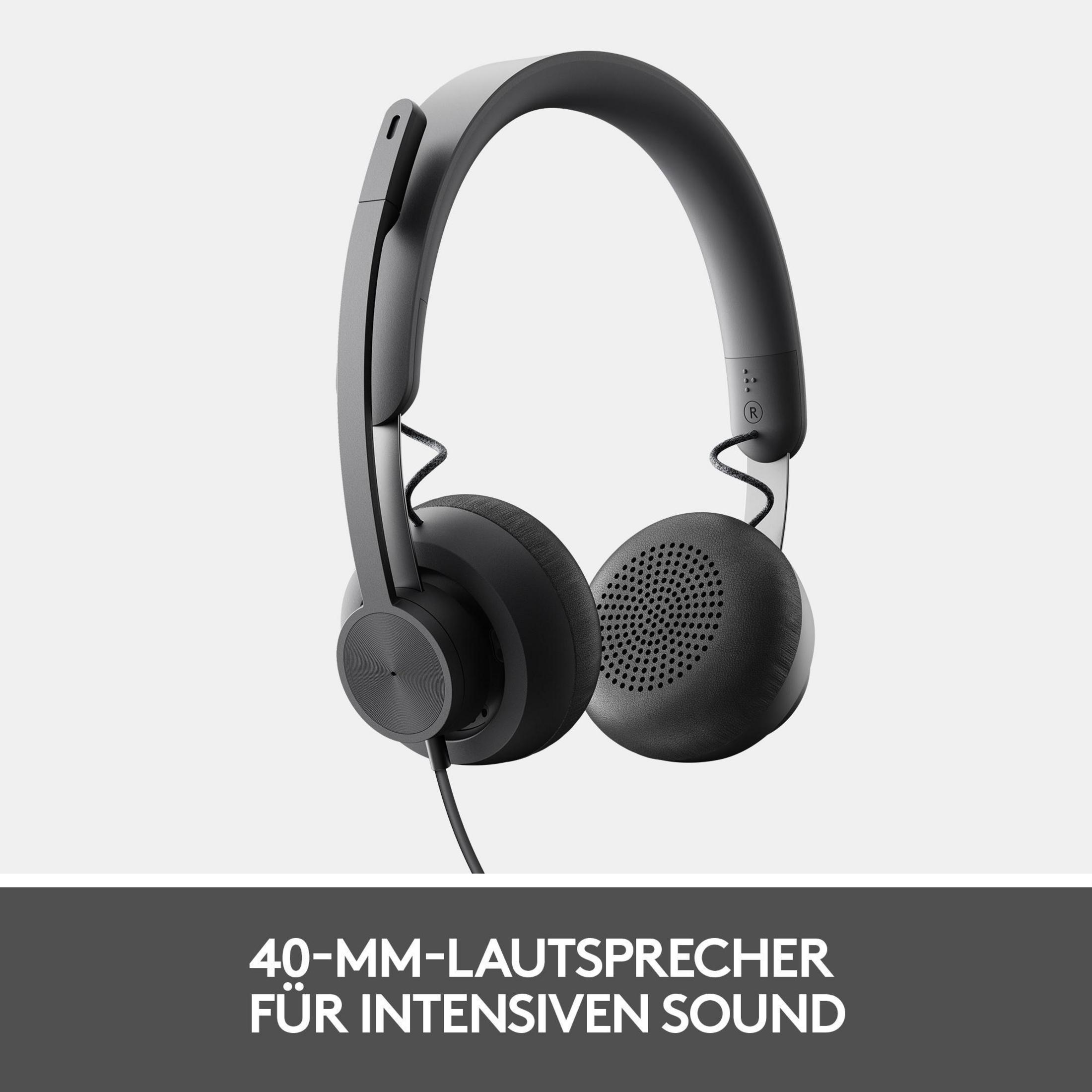 Czarne słuchawki z kablem i tekstem na dole: 40-MM-LAUTSPRECHER...