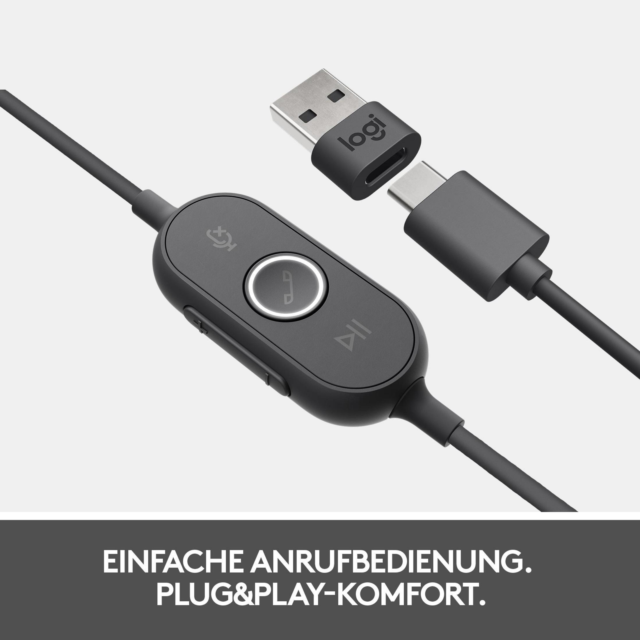 Czarny kabel USB-C logi z modułem sterującym do zarządzania połączeniami.