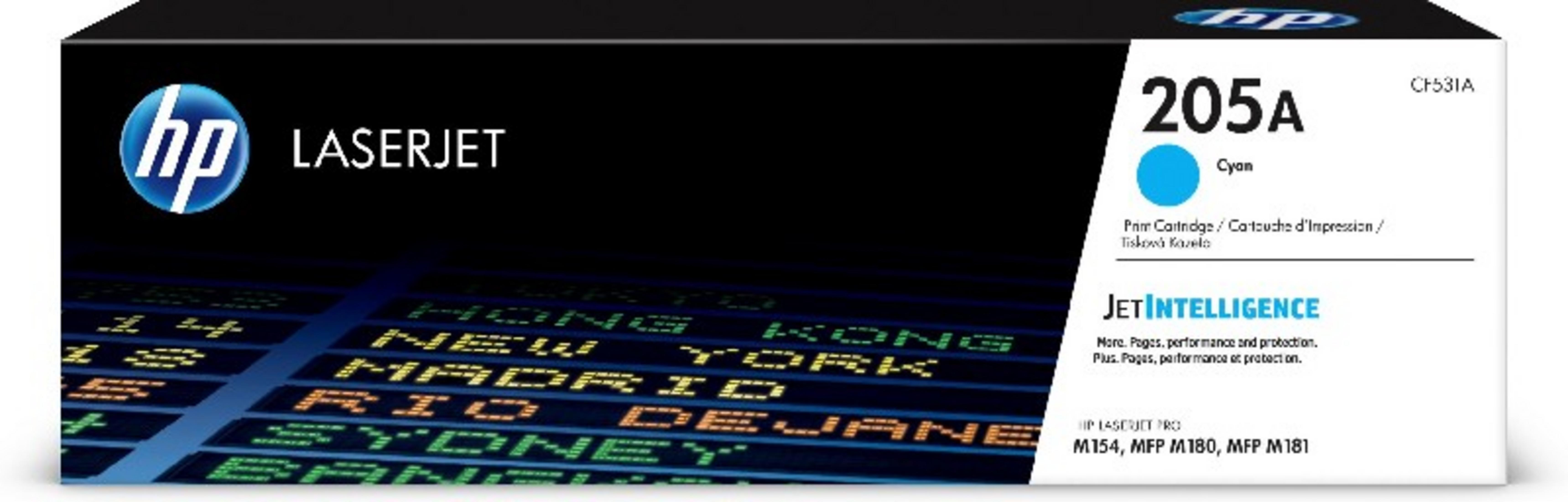 Toner HP LaserJet 205A Cyan z tablicą lotniska w tle.