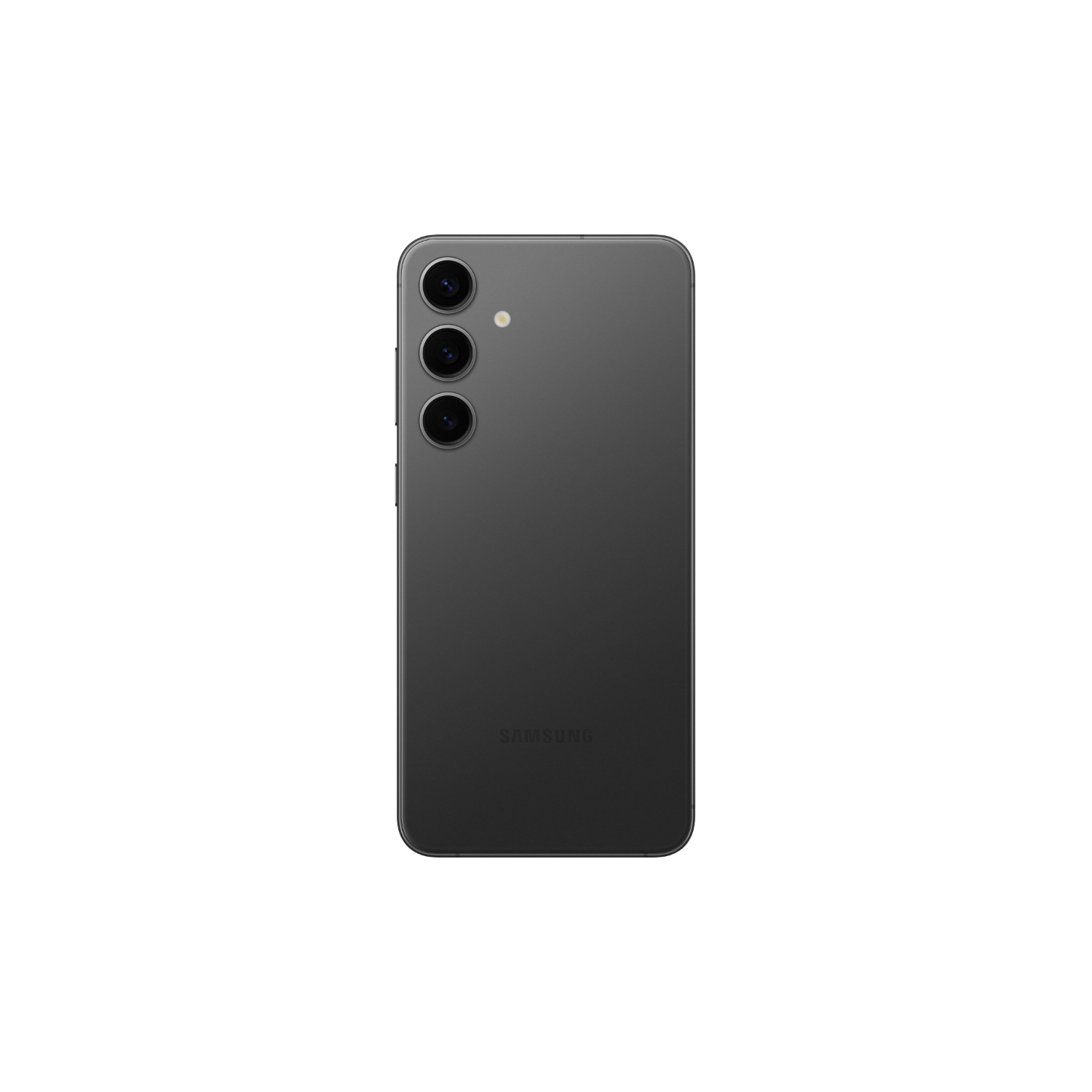 Widok z tyłu szarego telefonu z trzema aparatami na czarnym tle.