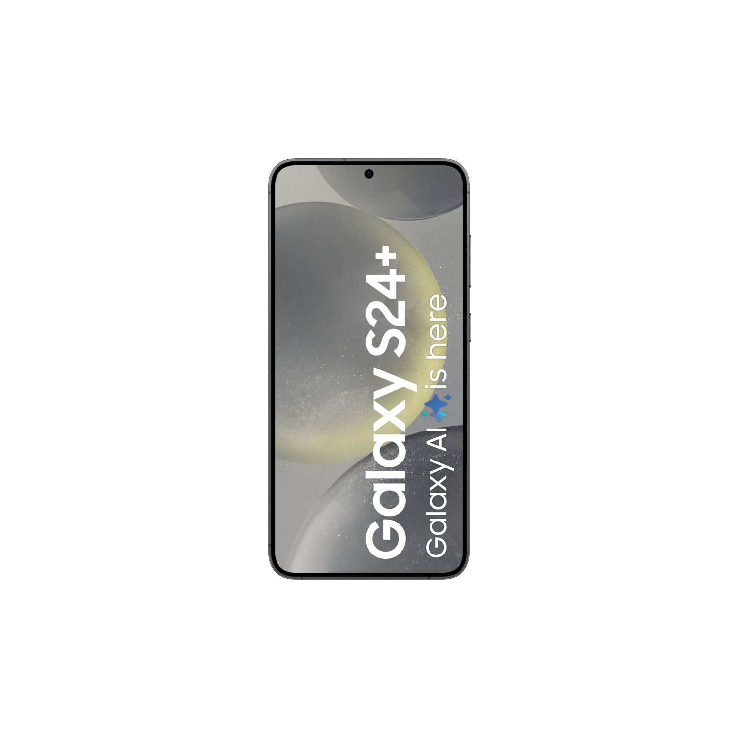 Telefon na czarnym tle, wyświetlający 'Galaxy S24+' i 'Galaxy AI is here'.