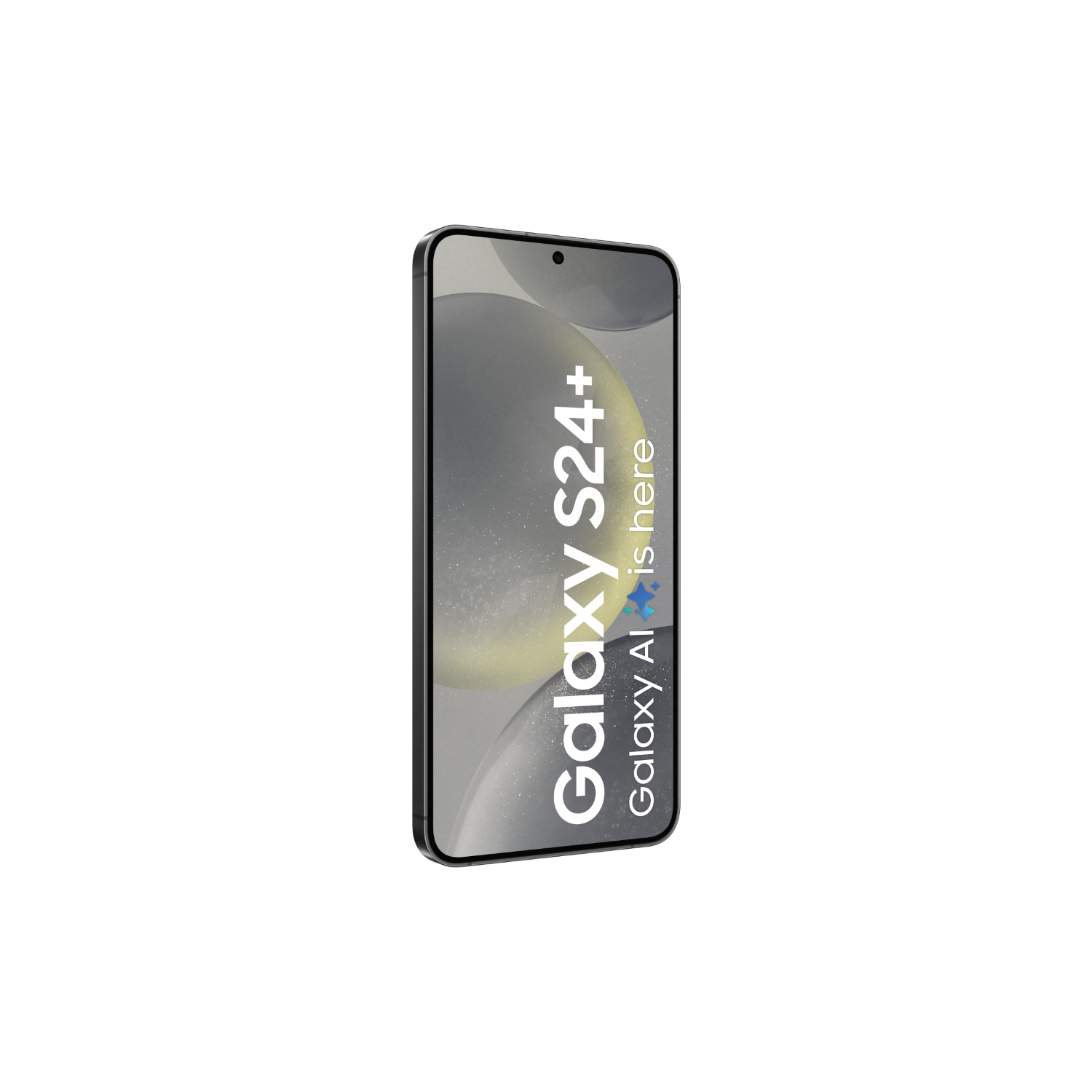 Czarny smartfon Galaxy S24+ na czarnym tle. Ekran wyświetla tekst: Galaxy S24+ jest tutaj.