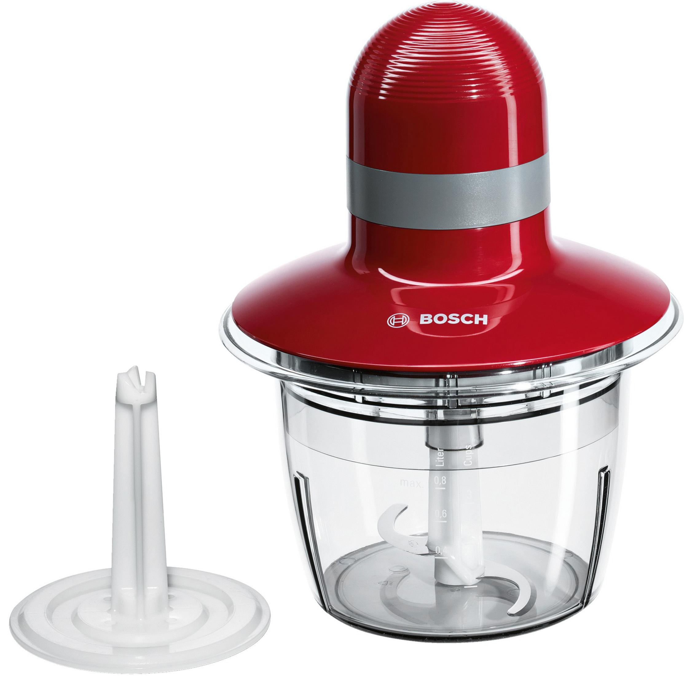Procesador de alimentos Bosch rojo con cuenco transparente y soporte blanco.