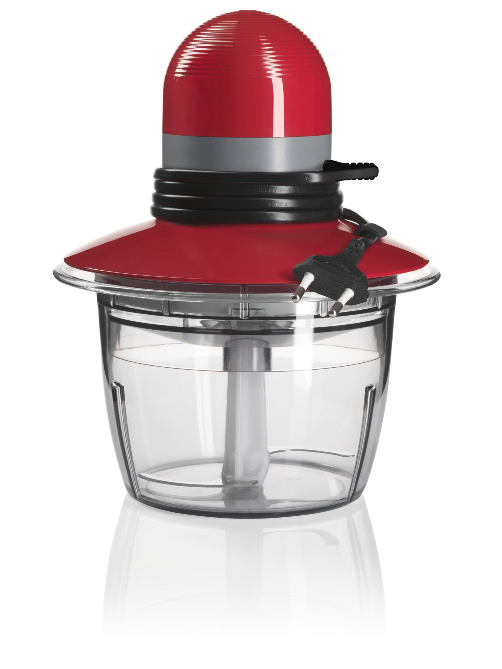 Un picador de alimentos rojo y transparente. Tiene una tapa roja, un recipiente transparente y un cable de alimentación negro.