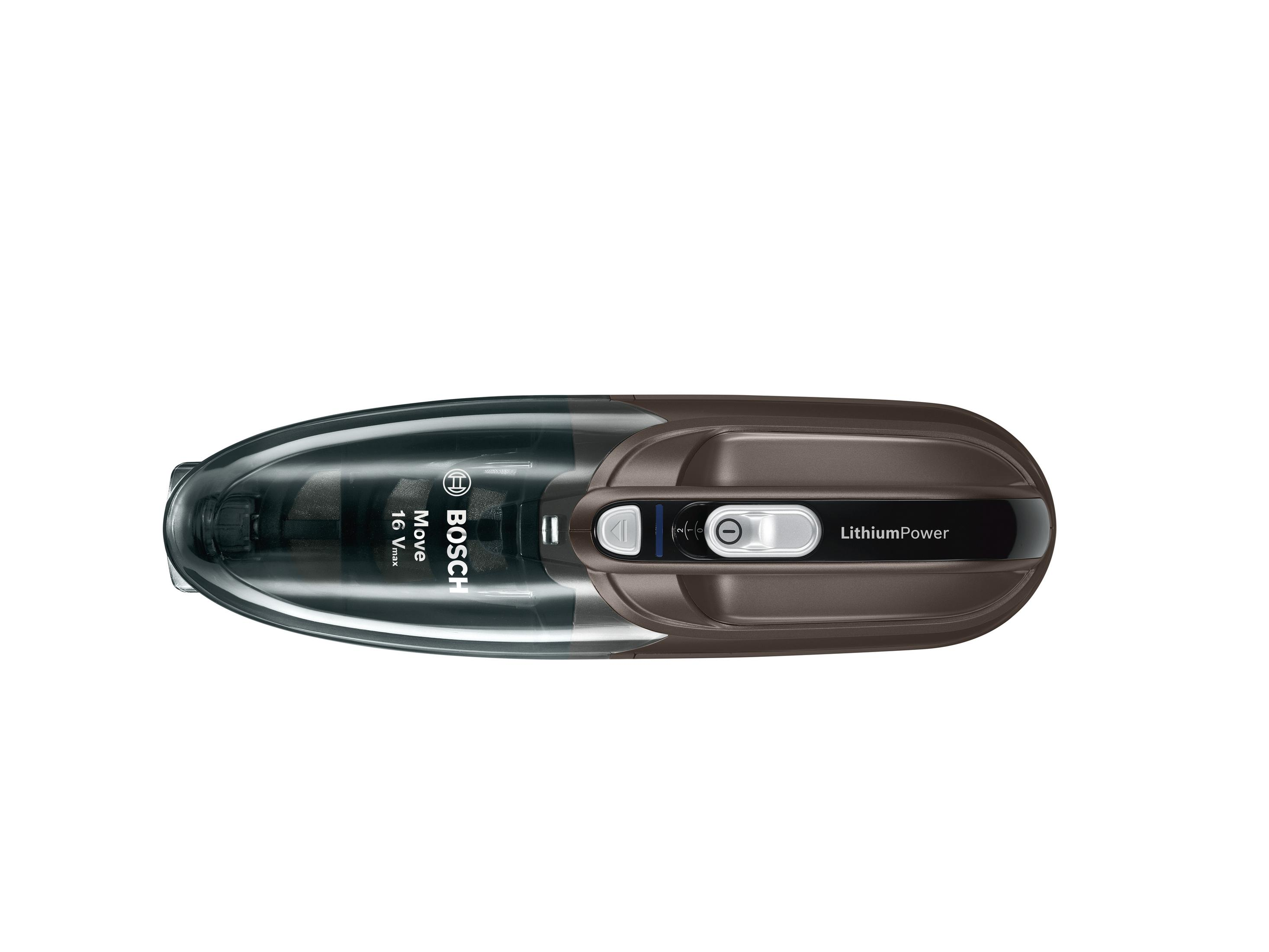 Widok z góry na brązowy odkurzacz ręczny z przezroczystym pojemnikiem na kurz.