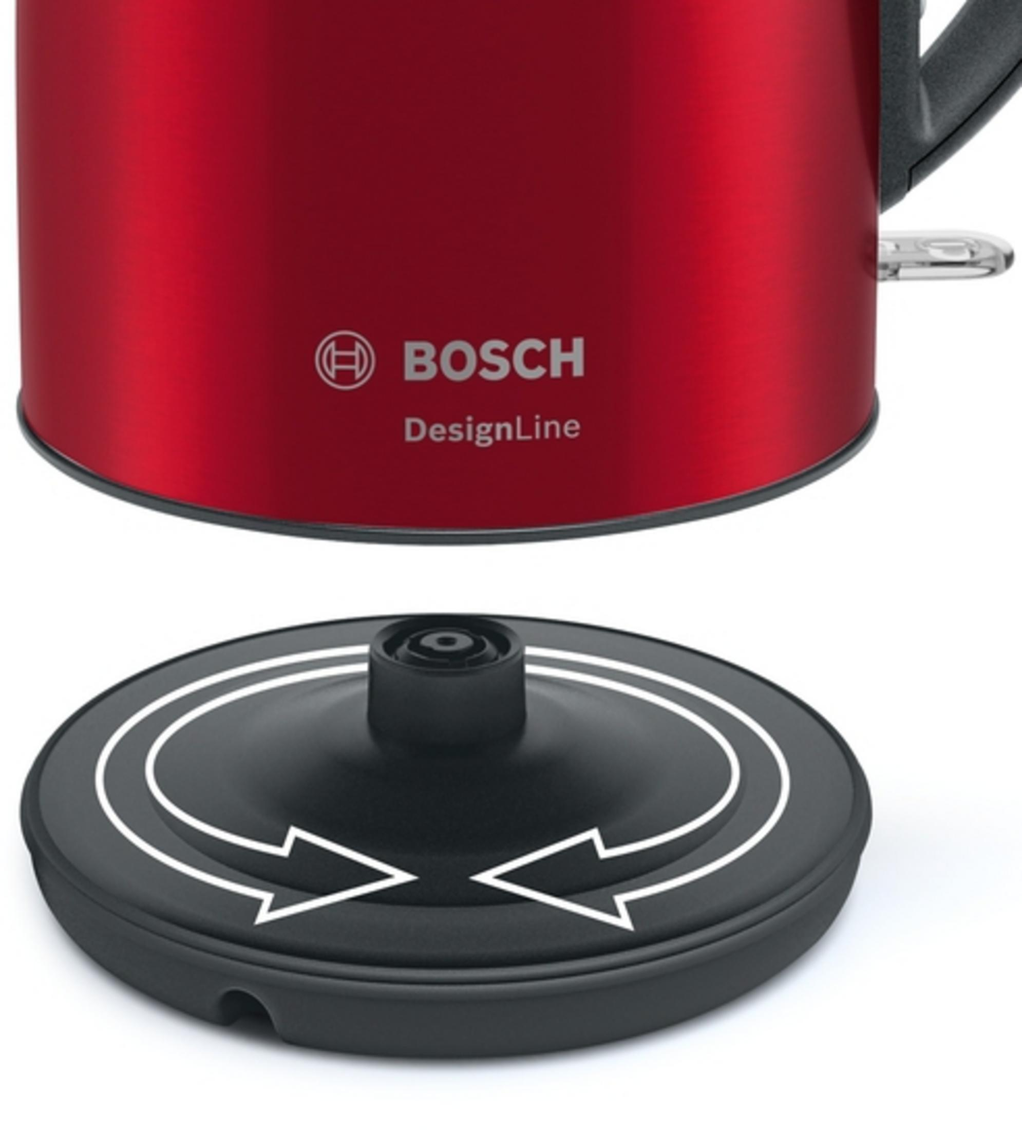 Czerwony czajnik elektryczny Bosch z czarną podstawą. Strzałki wskazują obrót 360°.