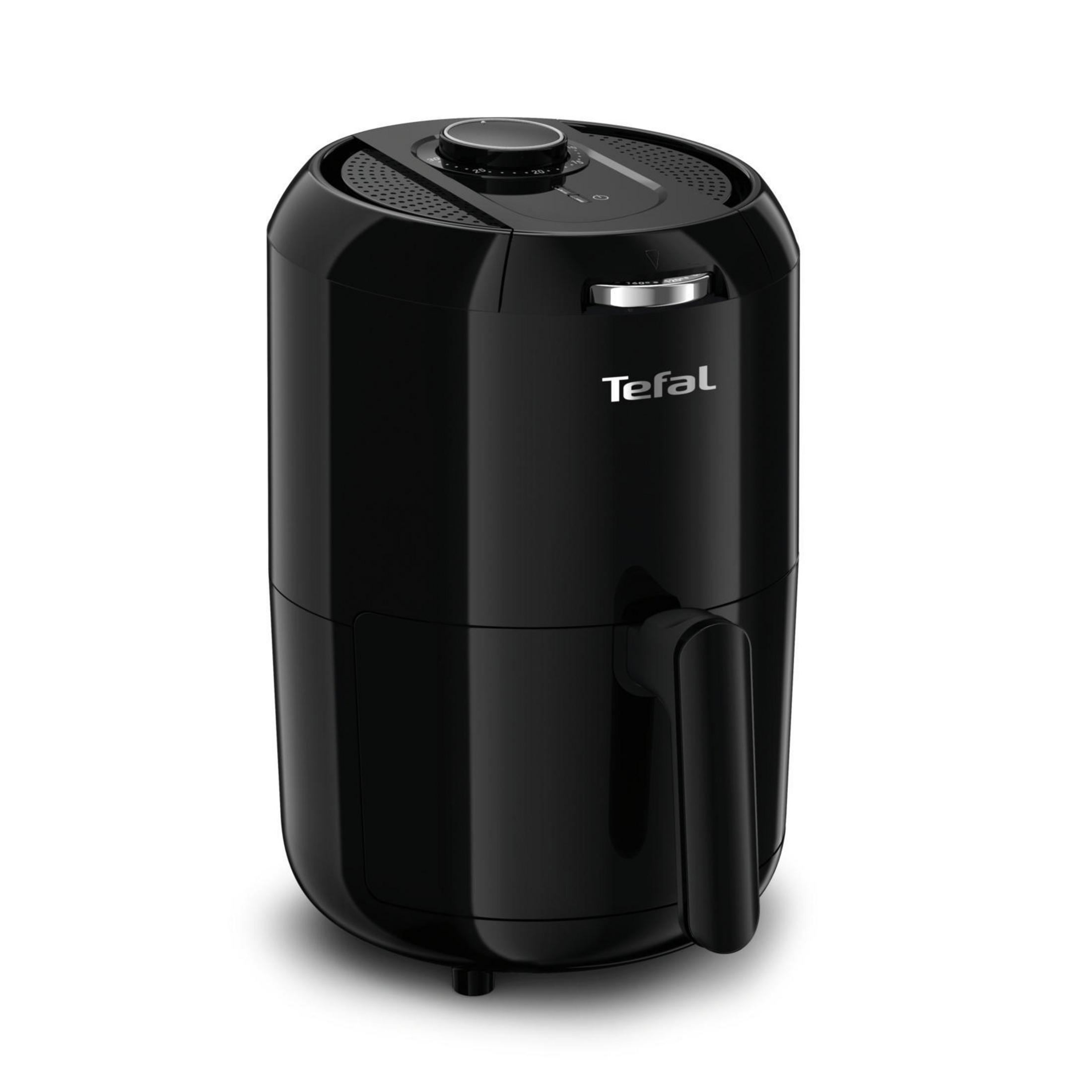 Czarna frytownica beztłuszczowa Tefal. Ma uchwyt i cyfrowy timer. Tło jest białe.