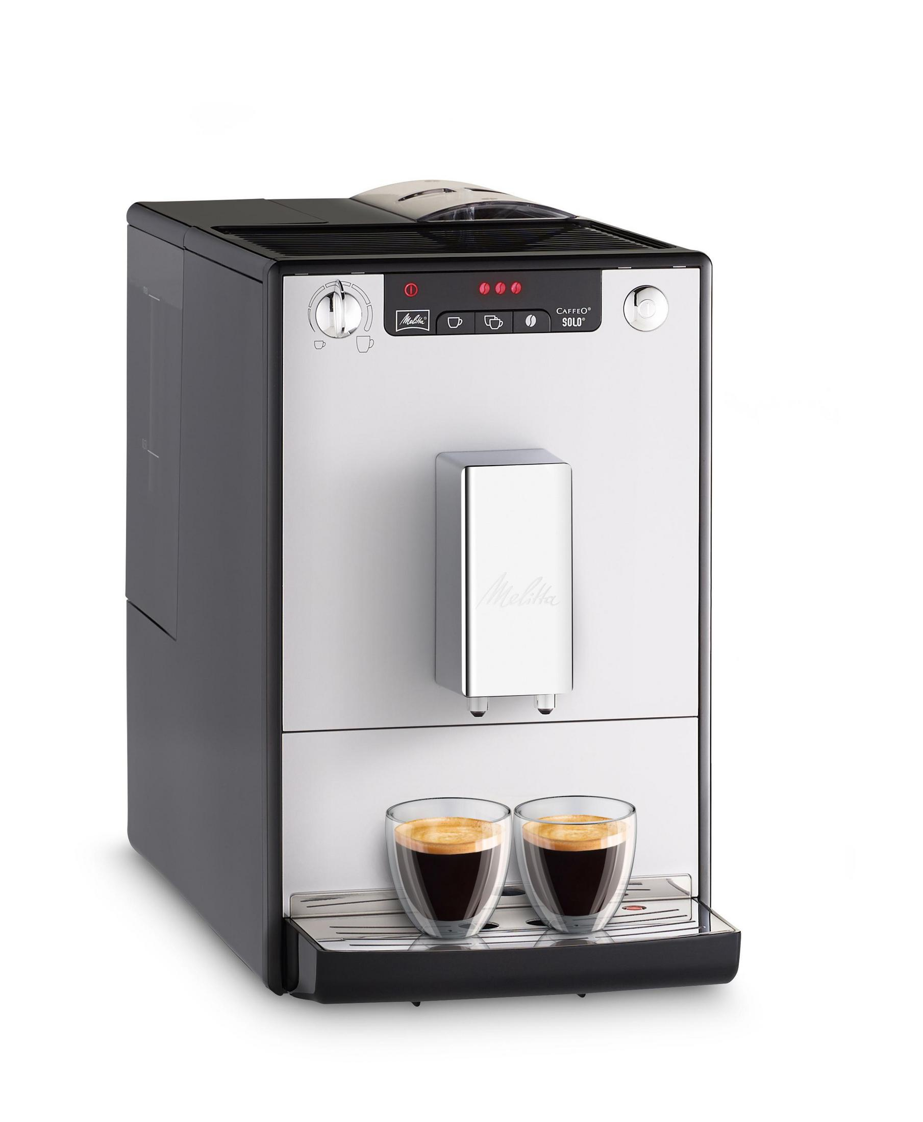 Ekspres do kawy Melitta, srebrny i czarny, z dwoma szklanymi filiżankami kawy.