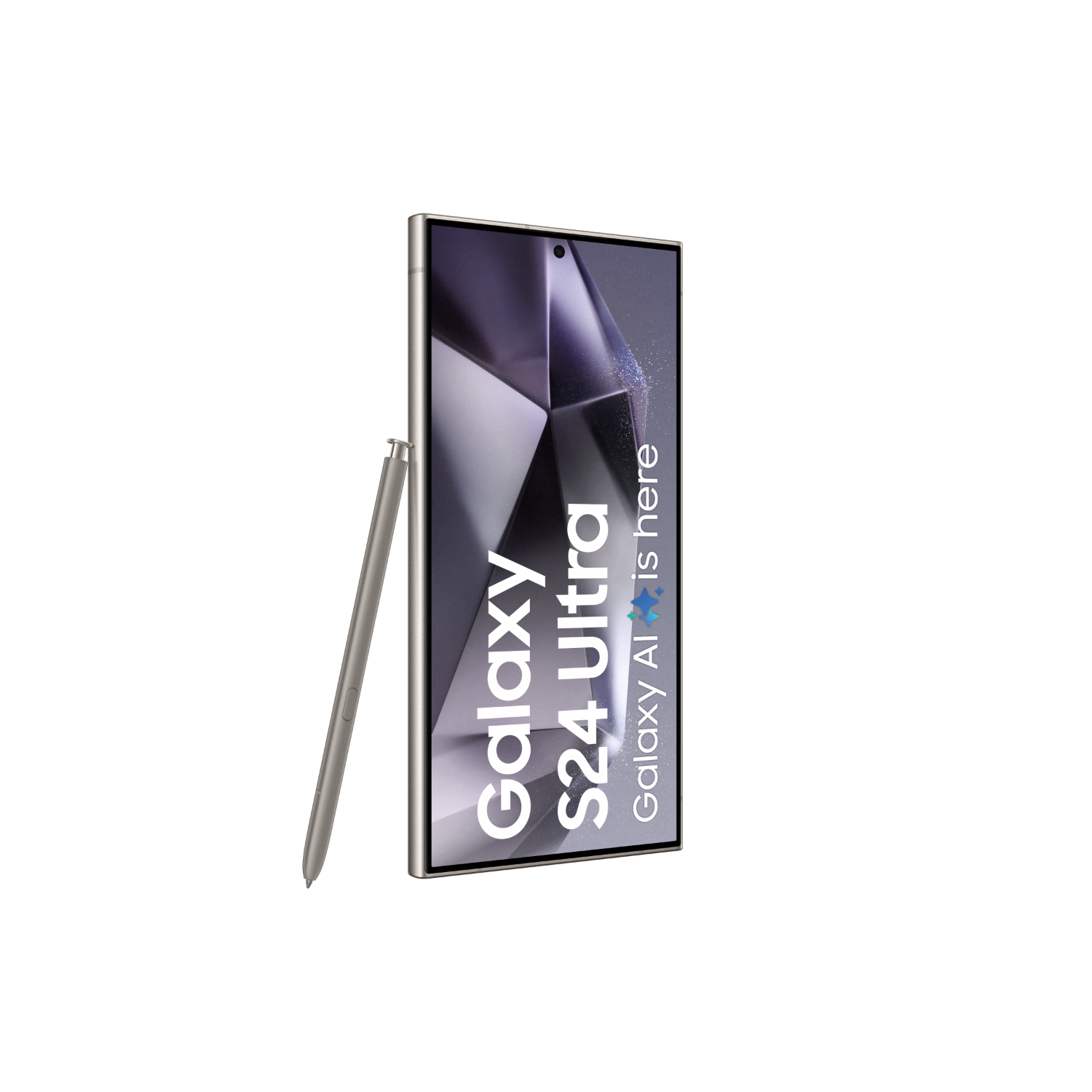 Srebrny telefon Galaxy S24 Ultra z rysikiem. Ekran wyświetla tekst 'Galaxy S24 Ultra'.