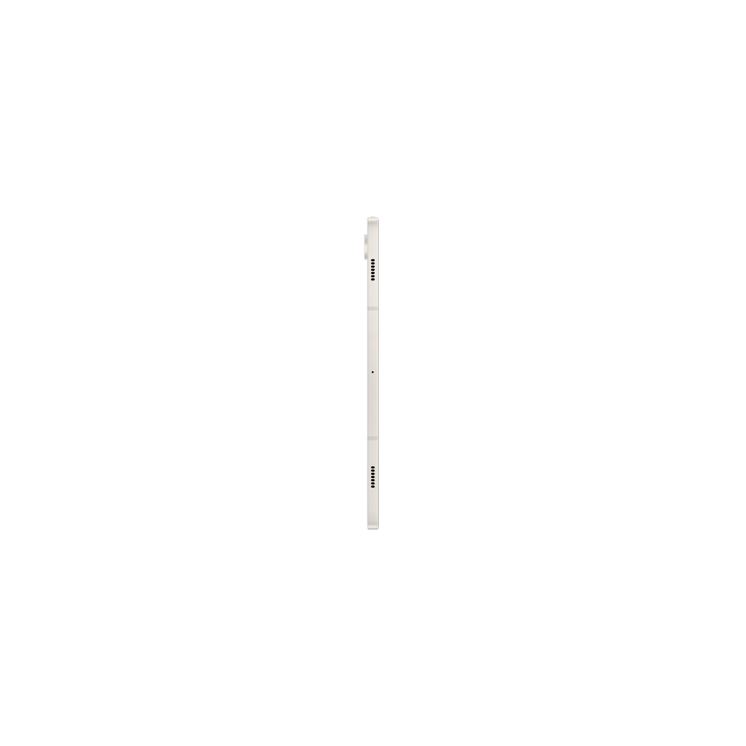 Ein weißes Tablet, Seitenansicht, vor weißem Hintergrund.