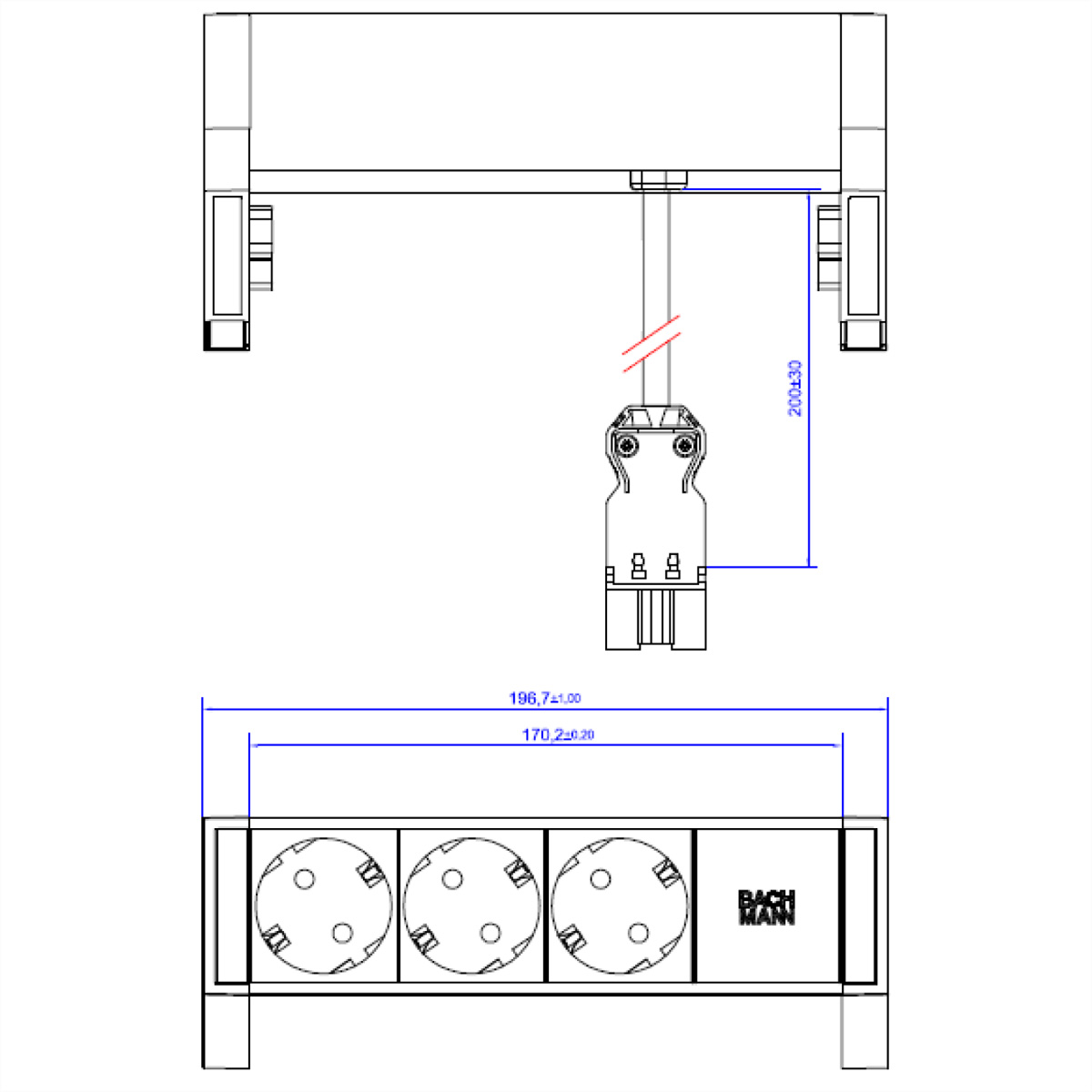 Rysunek techniczny listwy zasilającej Bachmann z wymiarami i trzema okrągłymi gniazdami.