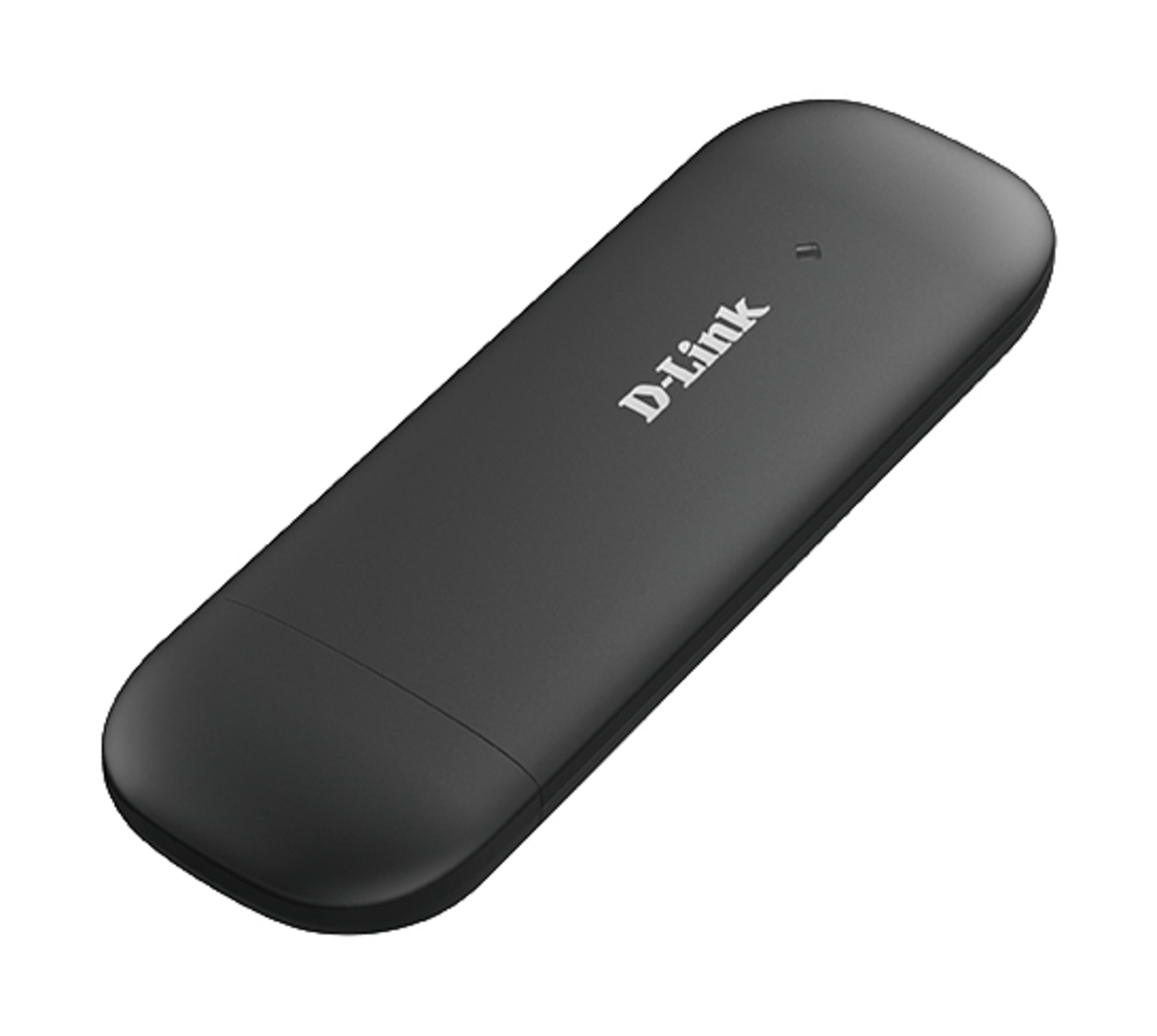 Schwarzer D-Link USB-WLAN-Adapter. Ein kleines, rechteckiges Gerät mit dem D-Link-Logo darauf.