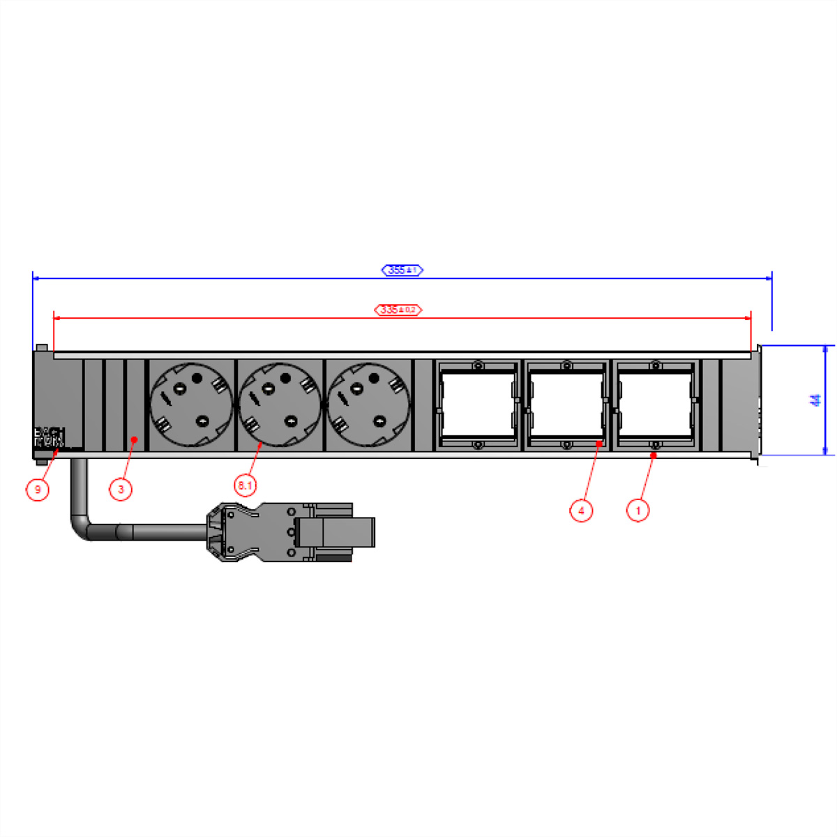 Rysunek techniczny listwy zasilającej z wieloma gniazdami i przewodem zasilającym.