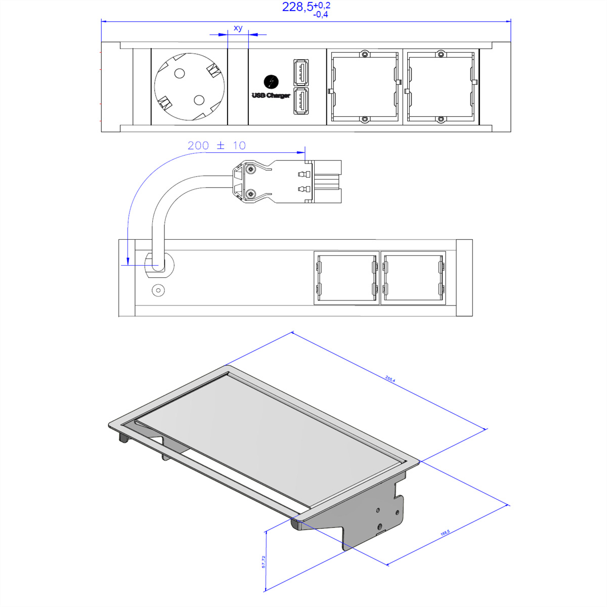 Disegni tecnici di una presa di corrente con dimensioni e un caricatore USB. Vengono mostrate diverse viste.