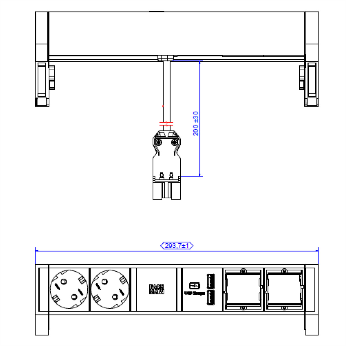 Technische Zeichnung einer elektrischen Komponente mit Abmessungen, Steckdosen und Stecker.