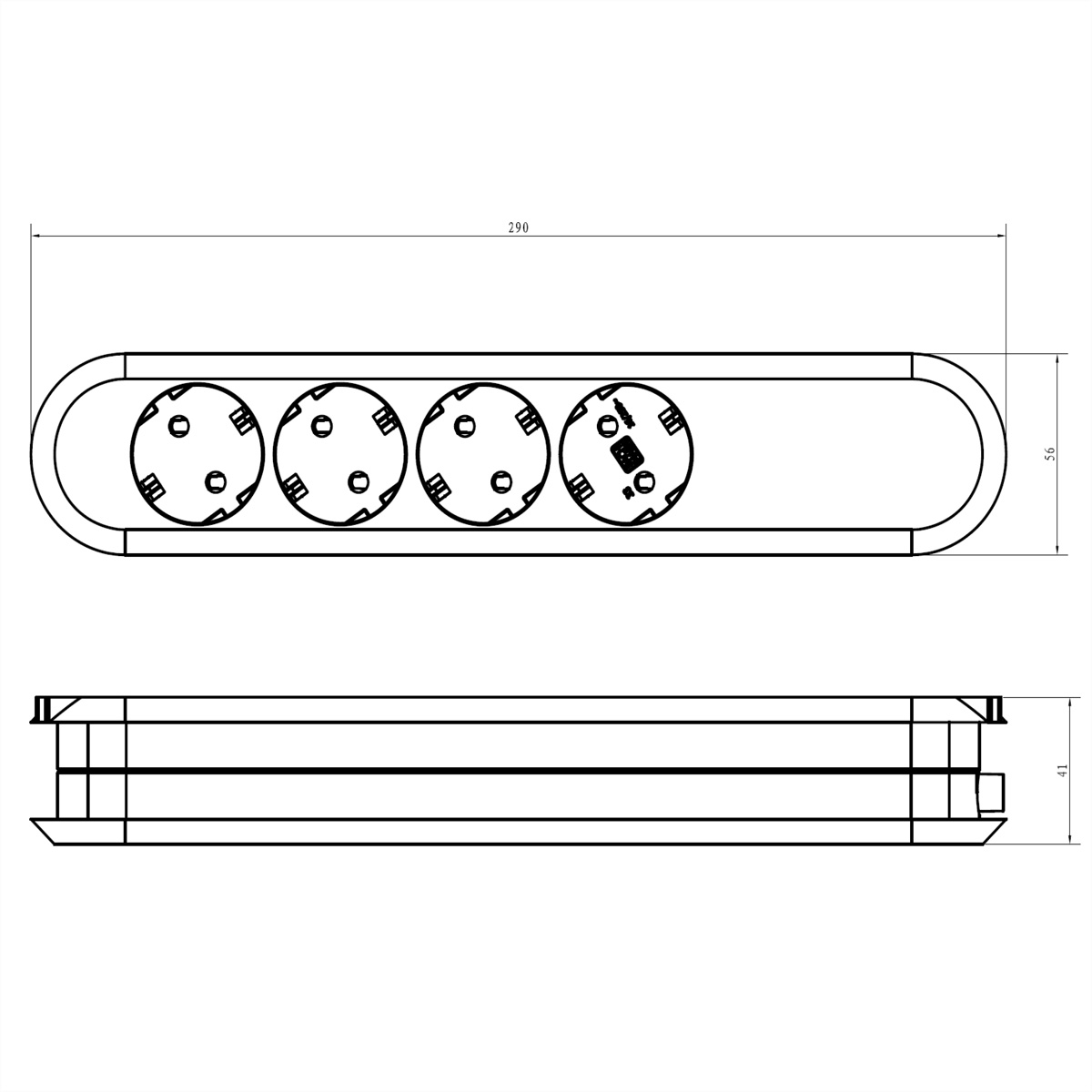 Rysunek techniczny: podłużny przedłużacz z gniazdami i wymiarami.