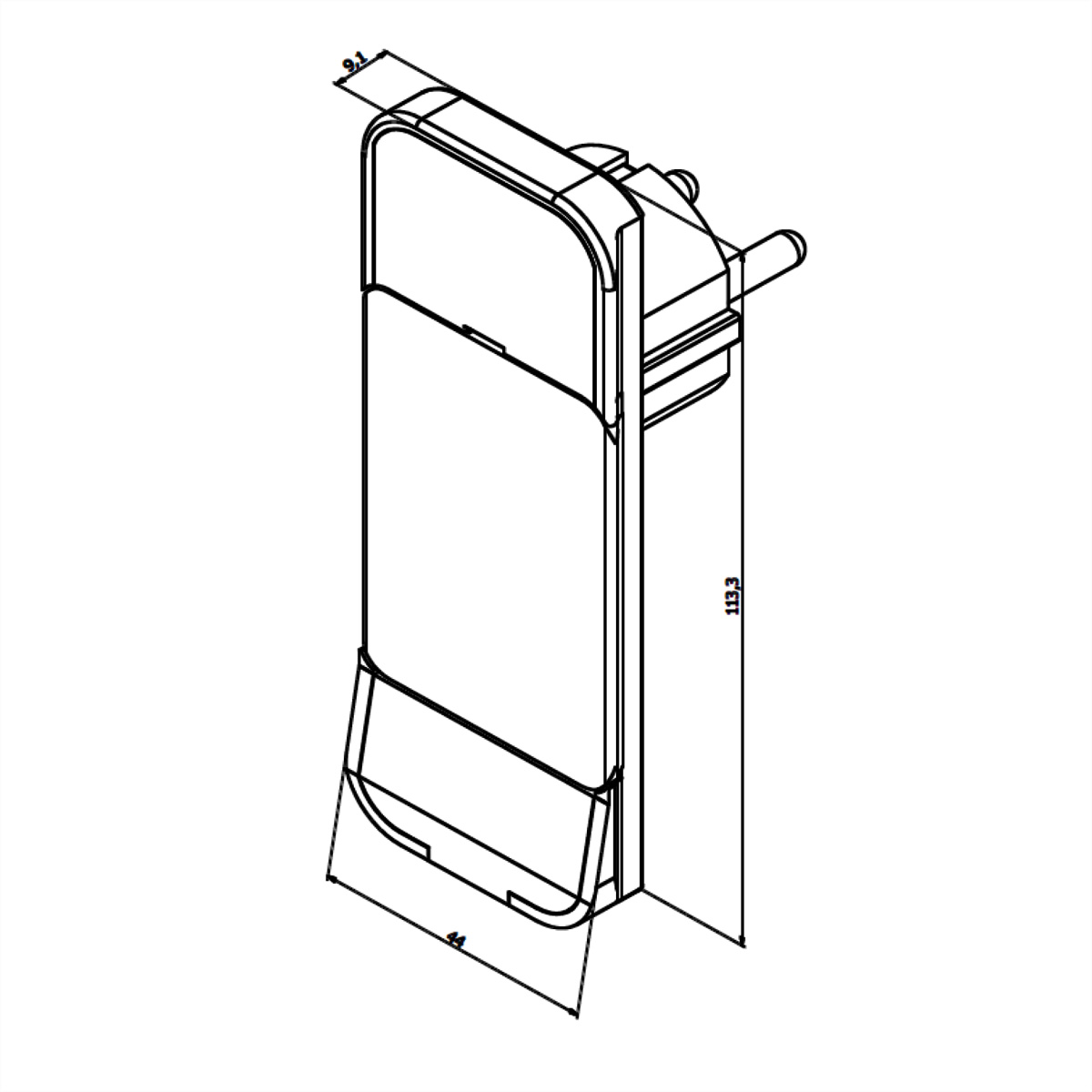 Rysunek liniowy prostokątnego obiektu ze wskazanymi wymiarami. Ma małe rozszerzenie i podstawę.